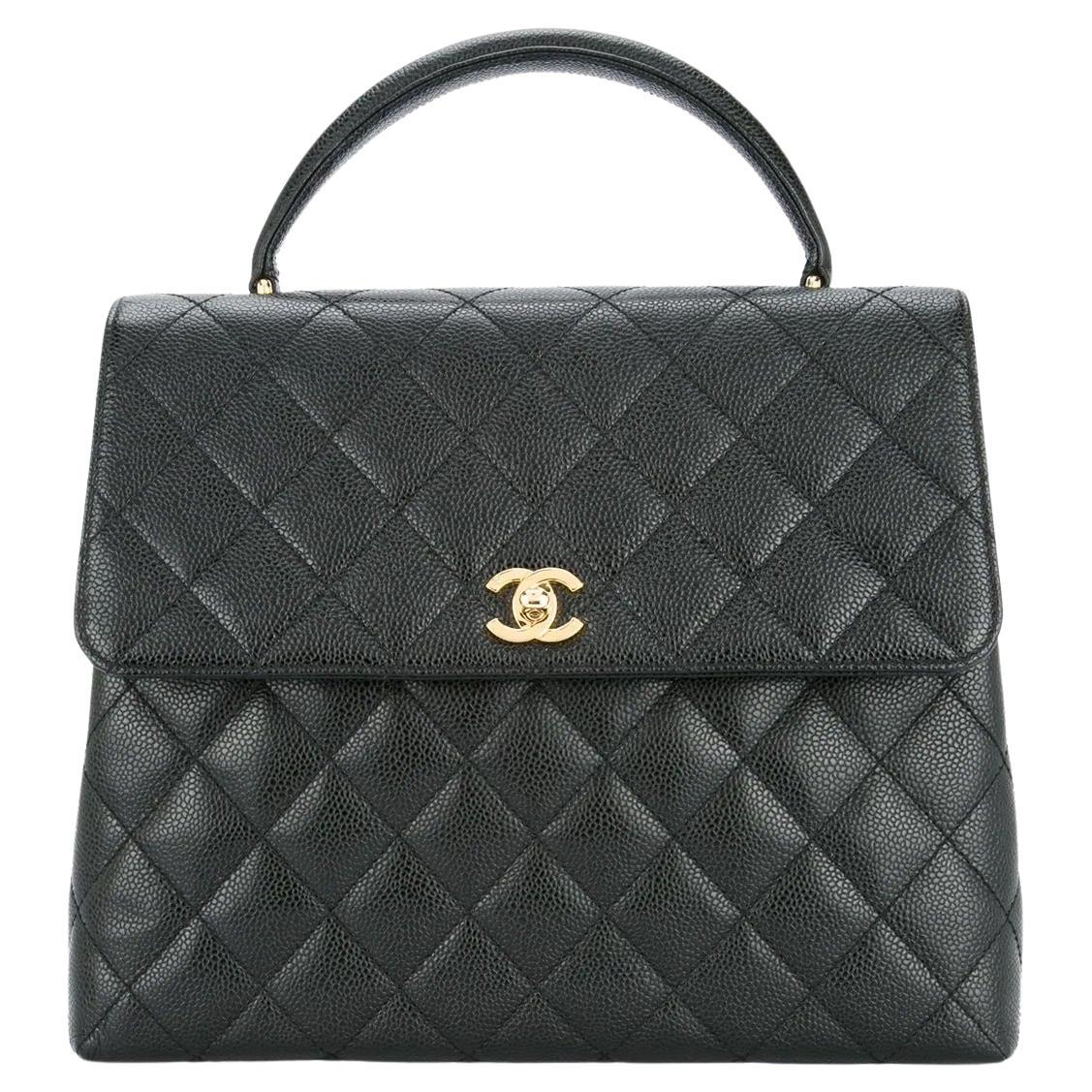 Chanel 2001 Jumbo Vintage Caviar Quilted Satchel Top Handle Kelly Flap Bag Gold For Sale