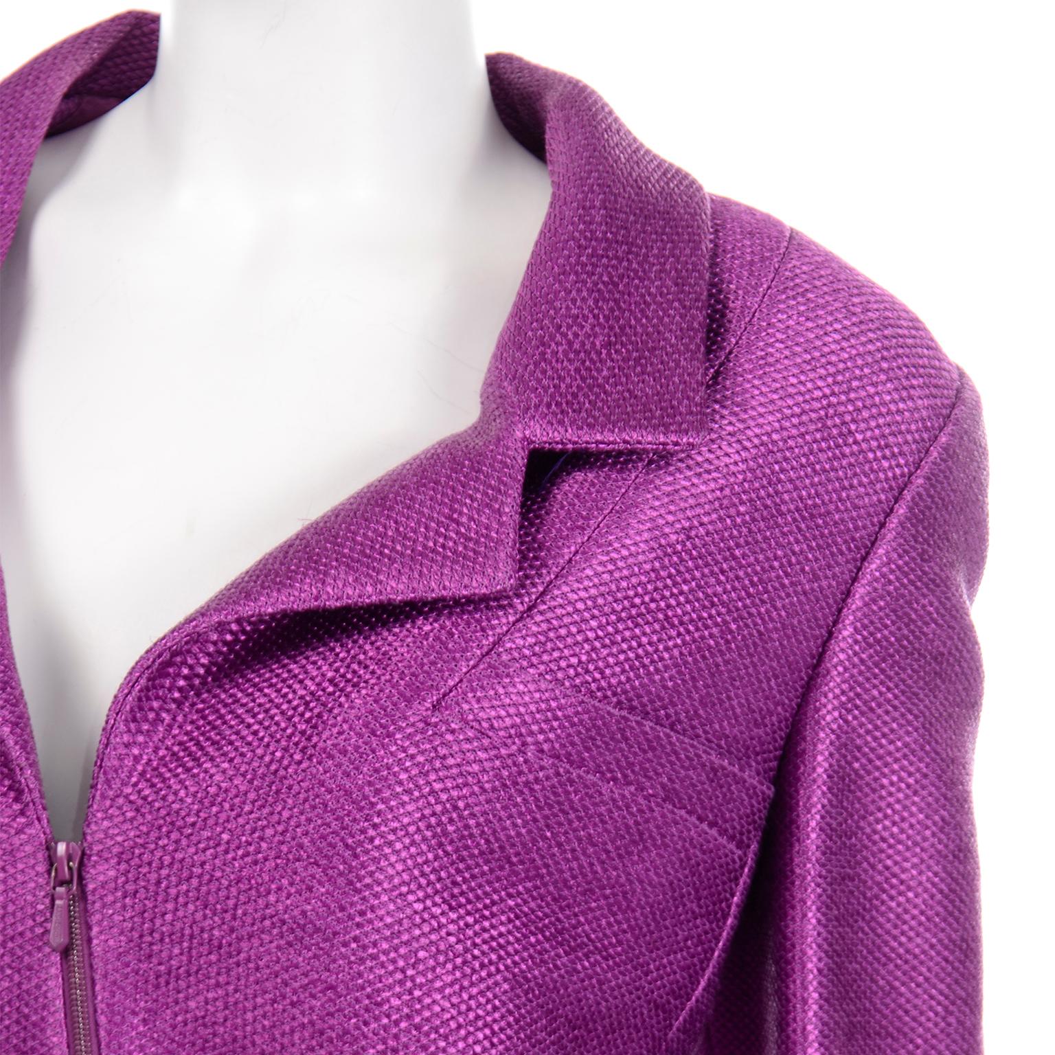Women's or Men's Chanel 2001 Magenta Purple Metallic Cropped Jacket w Asymmetrical Zipper For Sale