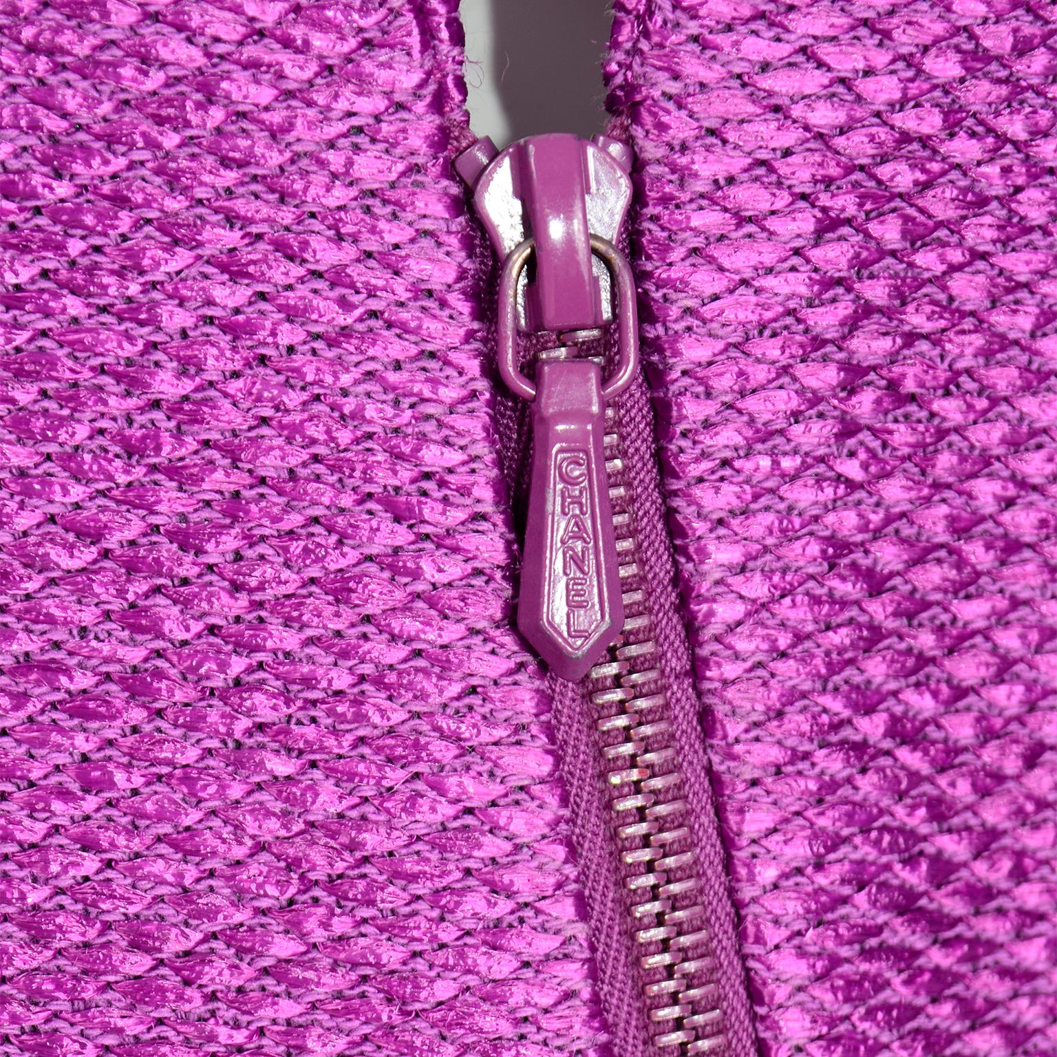 Chanel 2001 Magenta Purple Metallic Cropped Jacket w Asymmetrical Zipper For Sale 1