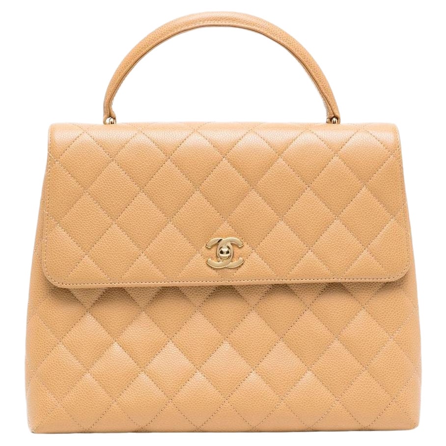 Chanel 2001 Rare Vintage Kelly Top Handle Beige Quilted Caviar Classic Flap Bag