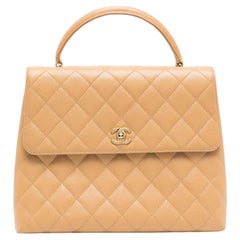 Chanel 2001 Rare Vintage Kelly Top Handle Beige Quilted Caviar Classic Flap Bag