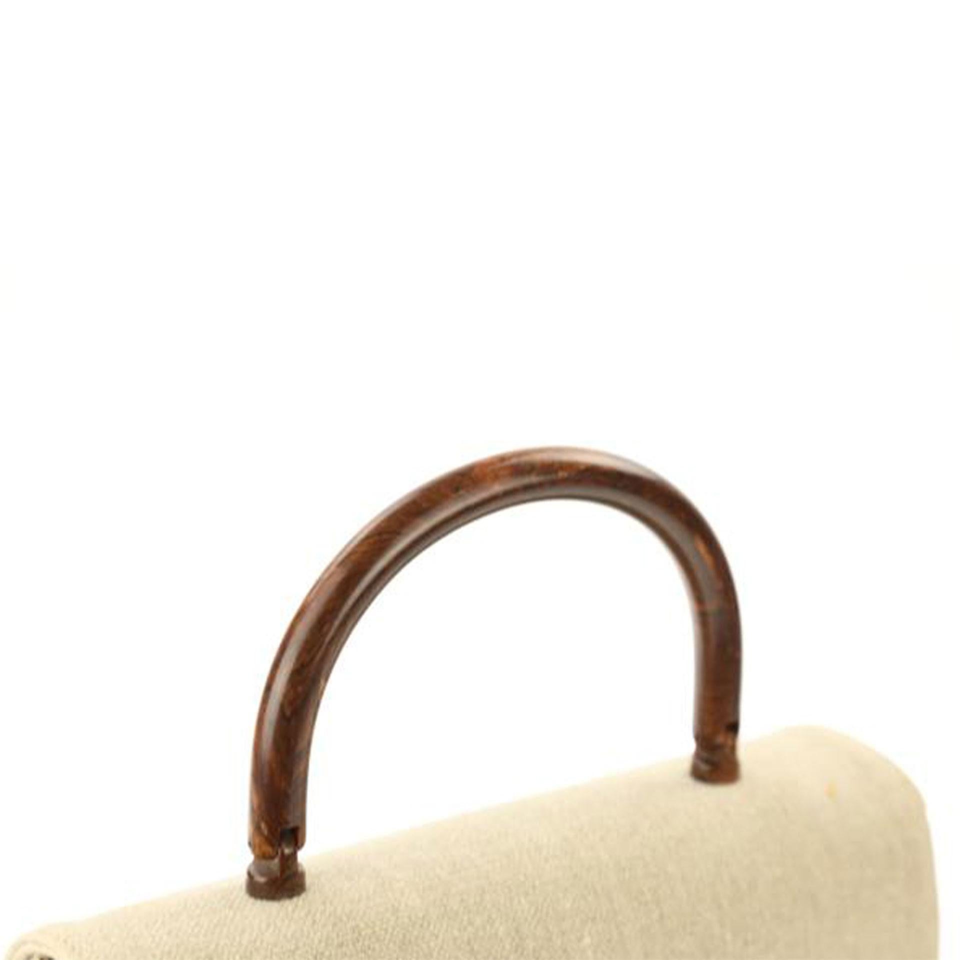 Chanel 2001 Rare Vintage Top Handle Wood Beige Linen Medium Kelly Flap Bag For Sale 6