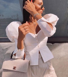 Chanel 2001 Rare Vintage Top Handle Wood Beige Linen Medium Kelly Flap Bag