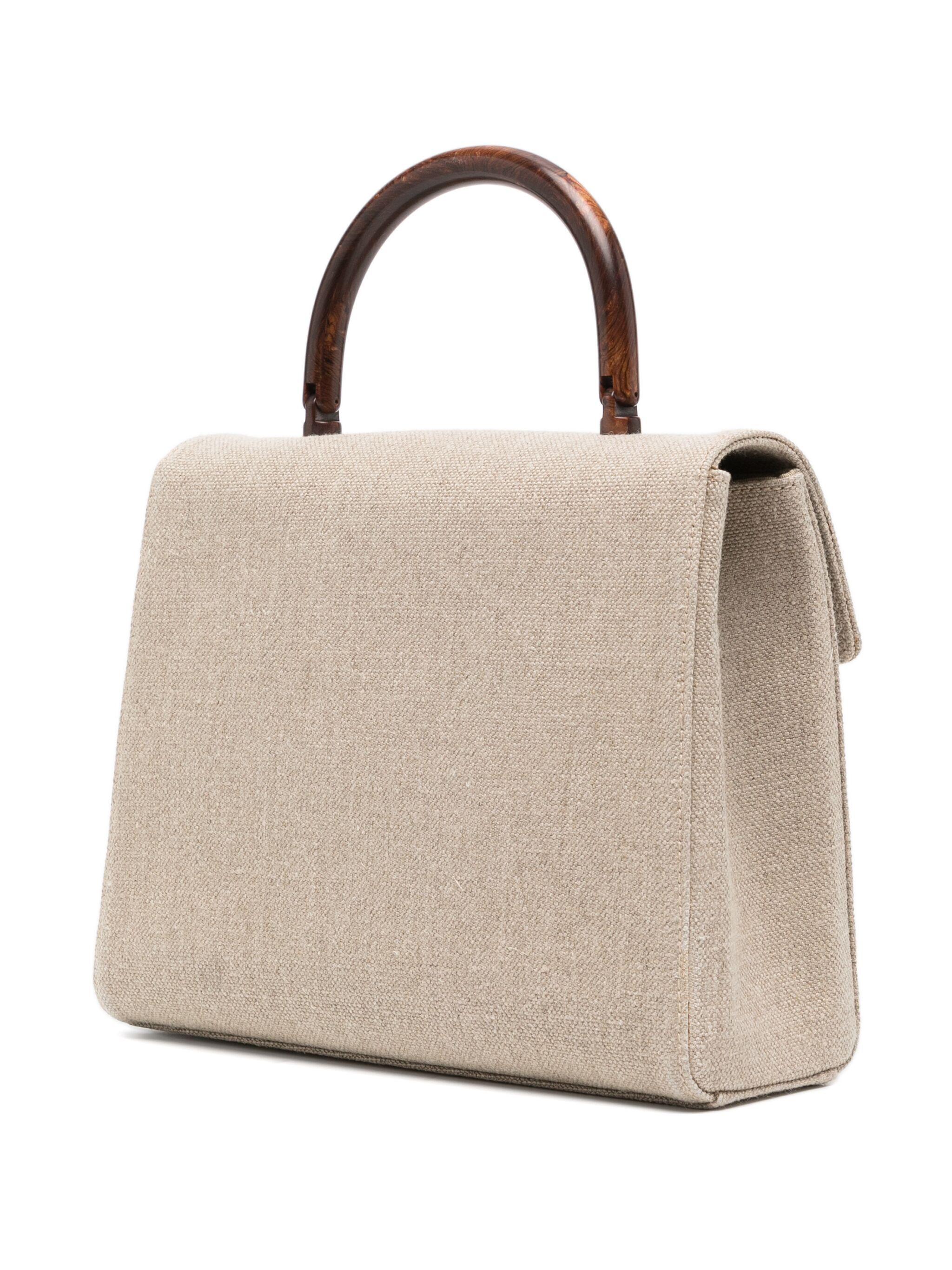 Chanel 2001 Rare Vintage Top Handle Wood Beige Linen Medium Kelly Flap Bag en venta 2