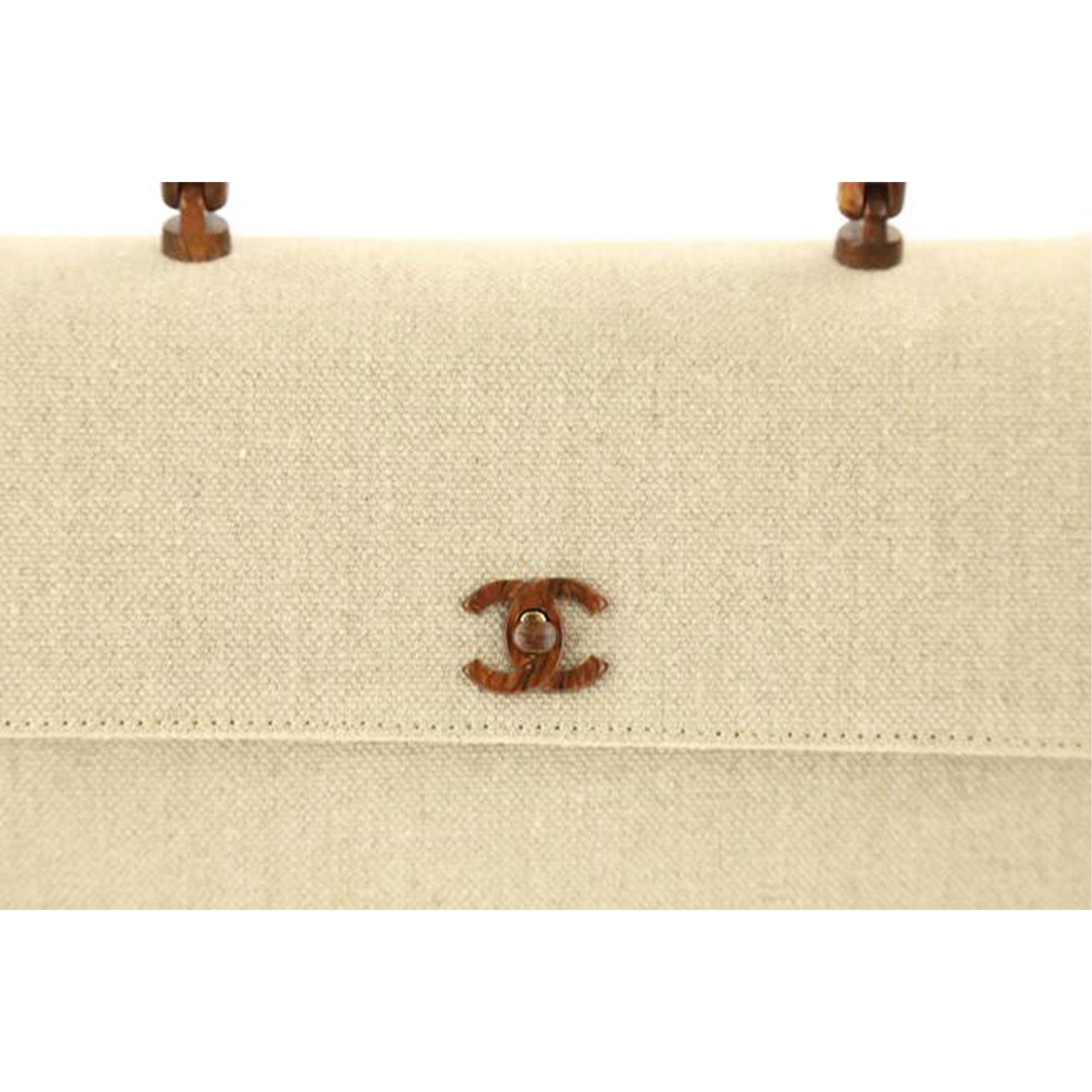 Chanel 2001 Rare Vintage Top Handle Wood Beige Linen Medium Kelly Flap Bag For Sale 5