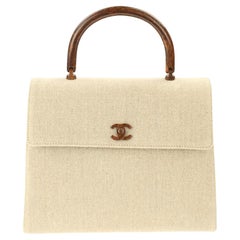 Chanel 2001 Rare Vintage Top Handle Wood Beige Linen Medium Kelly Flap Bag
