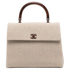 Chanel 2001 Rare Vintage Top Handle Wood Beige Linen Medium Kelly Flap Bag