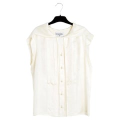 Chanel 2001 Top écru capuche FR42 Camelia Seide Satin Kapuzenbluse UK14 US12