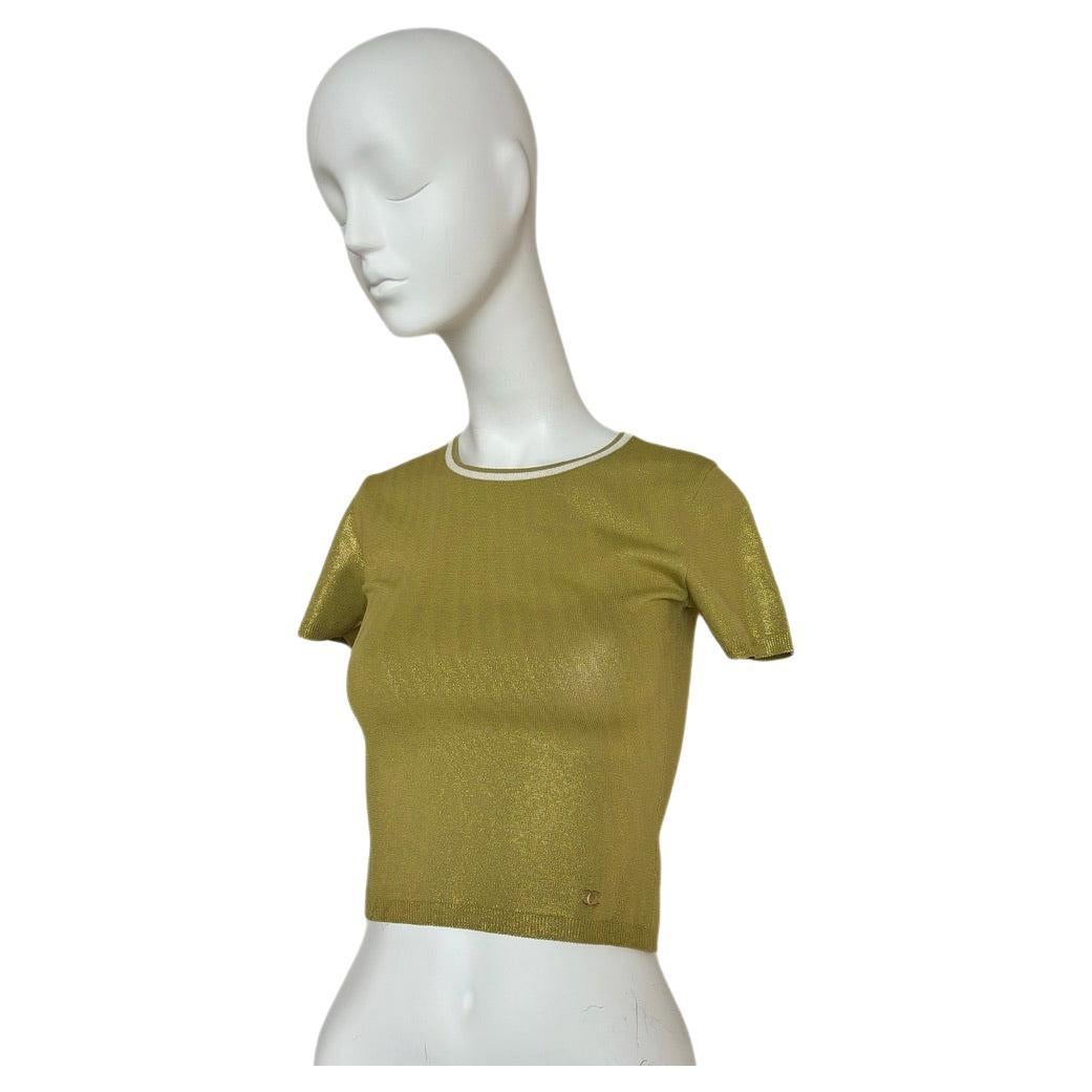 CHANEL 2001 Vintage Metallic Crop Top Tee Shirt T-shirt For Sale
