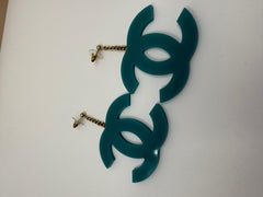 Chanel 2001 Vintage Teal Blue Green Jumbo CC Lucite XL Pierced Earrings