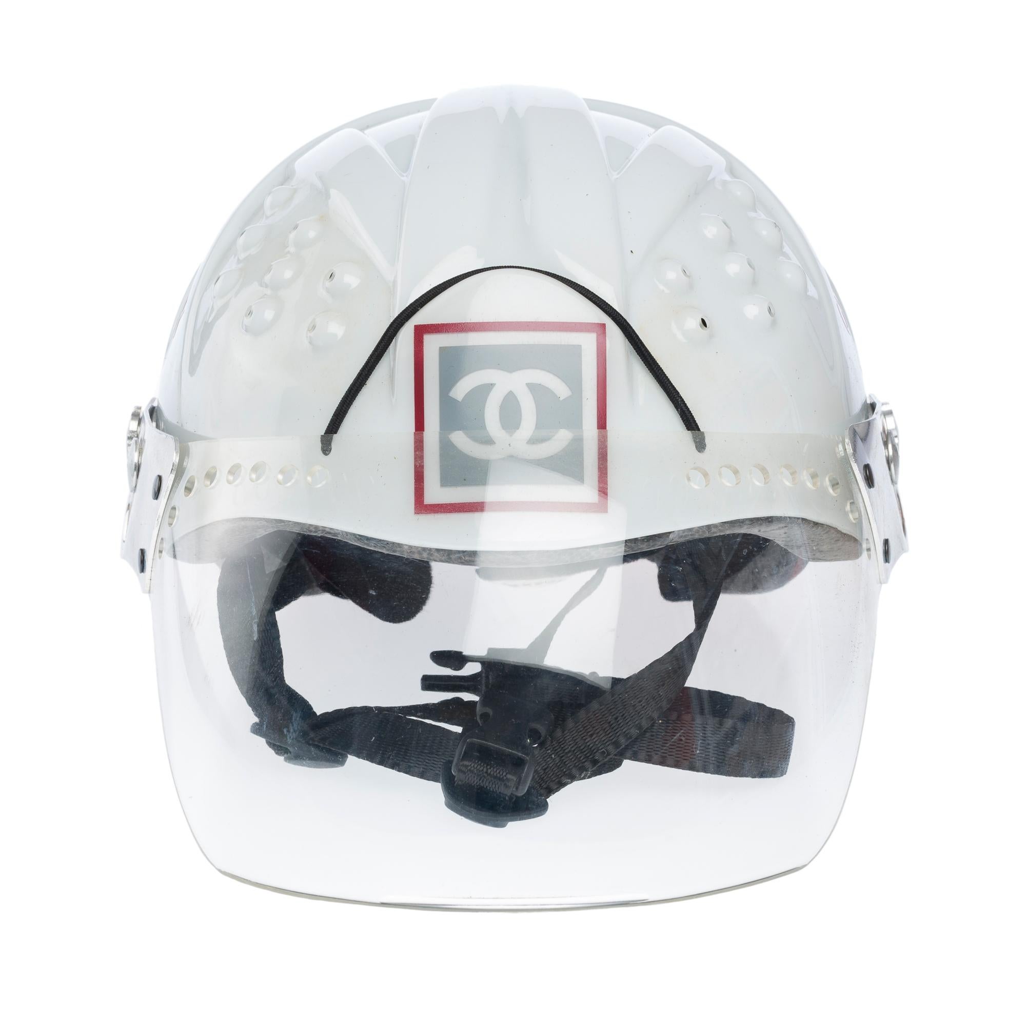 Gray Chanel 2001 White Logo Vintage Mountaineer Helmet Limited Edition Novelty Hat For Sale