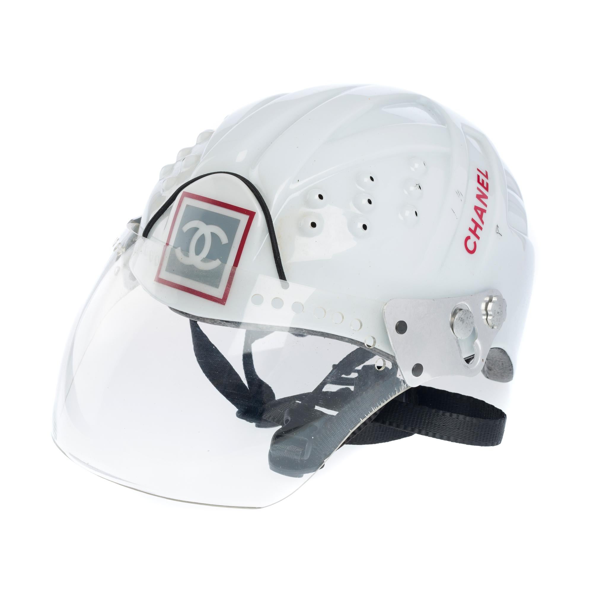 Women's or Men's Chanel 2001 White Logo Vintage Mountaineer Helmet Limited Edition Novelty Hat For Sale