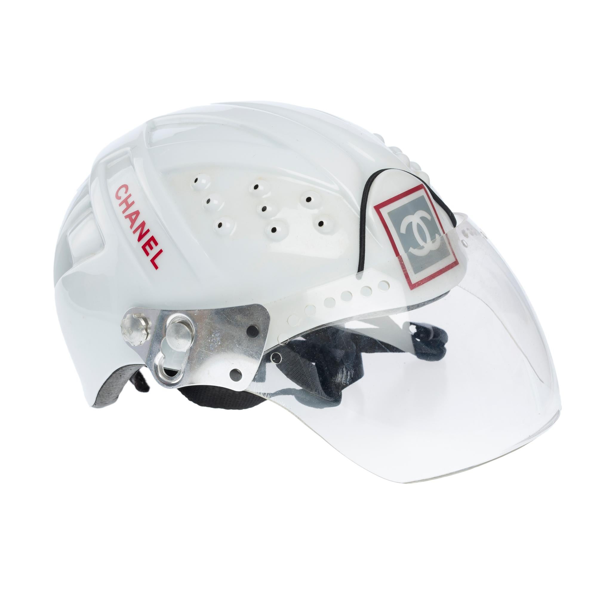 Chanel 2001 White Logo Vintage Mountaineer Helmet Limited Edition Novelty Hat For Sale 1