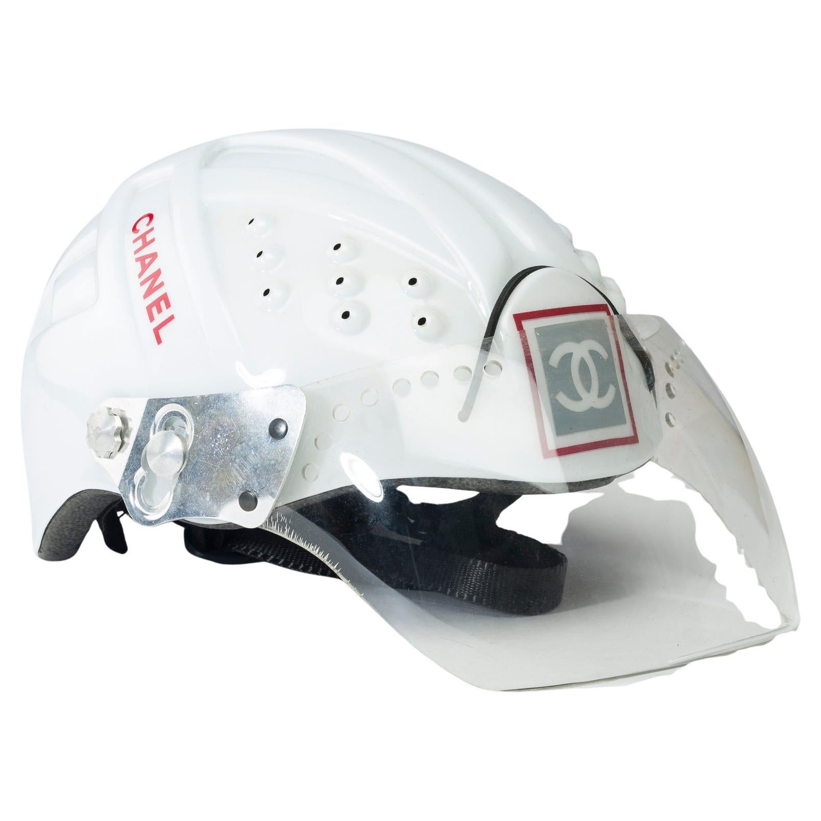 Chanel 2001 White Logo Vintage Mountaineer Helmet Limited Edition Novelty Hat For Sale