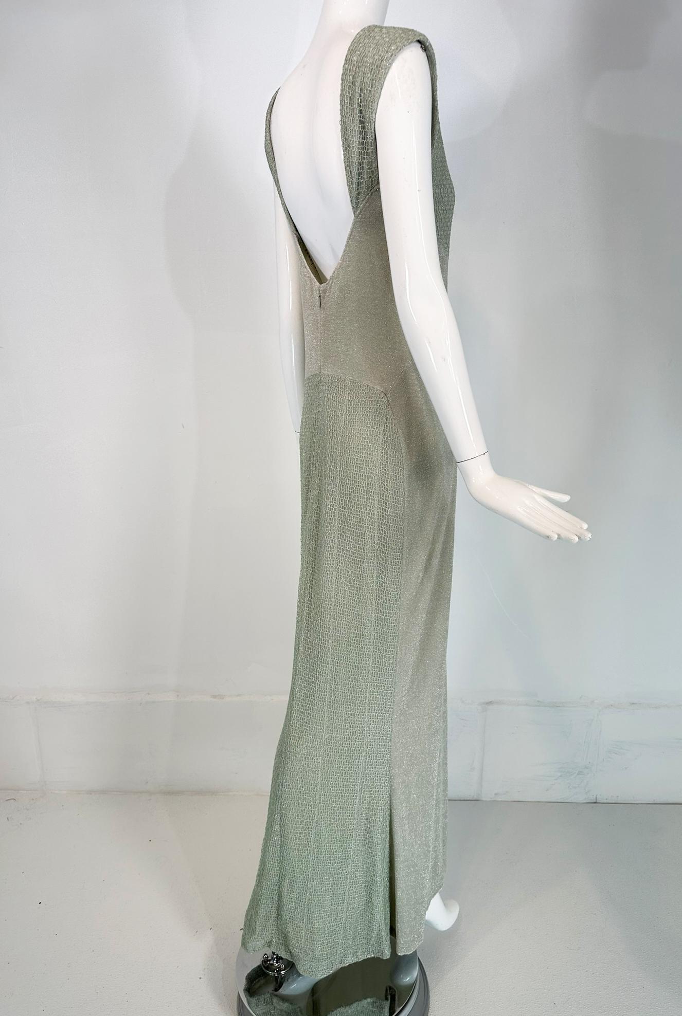 Chanel 2001C Pale Green Silver Metallic Gown with Fish Net Bodice & Hem 40 For Sale 5