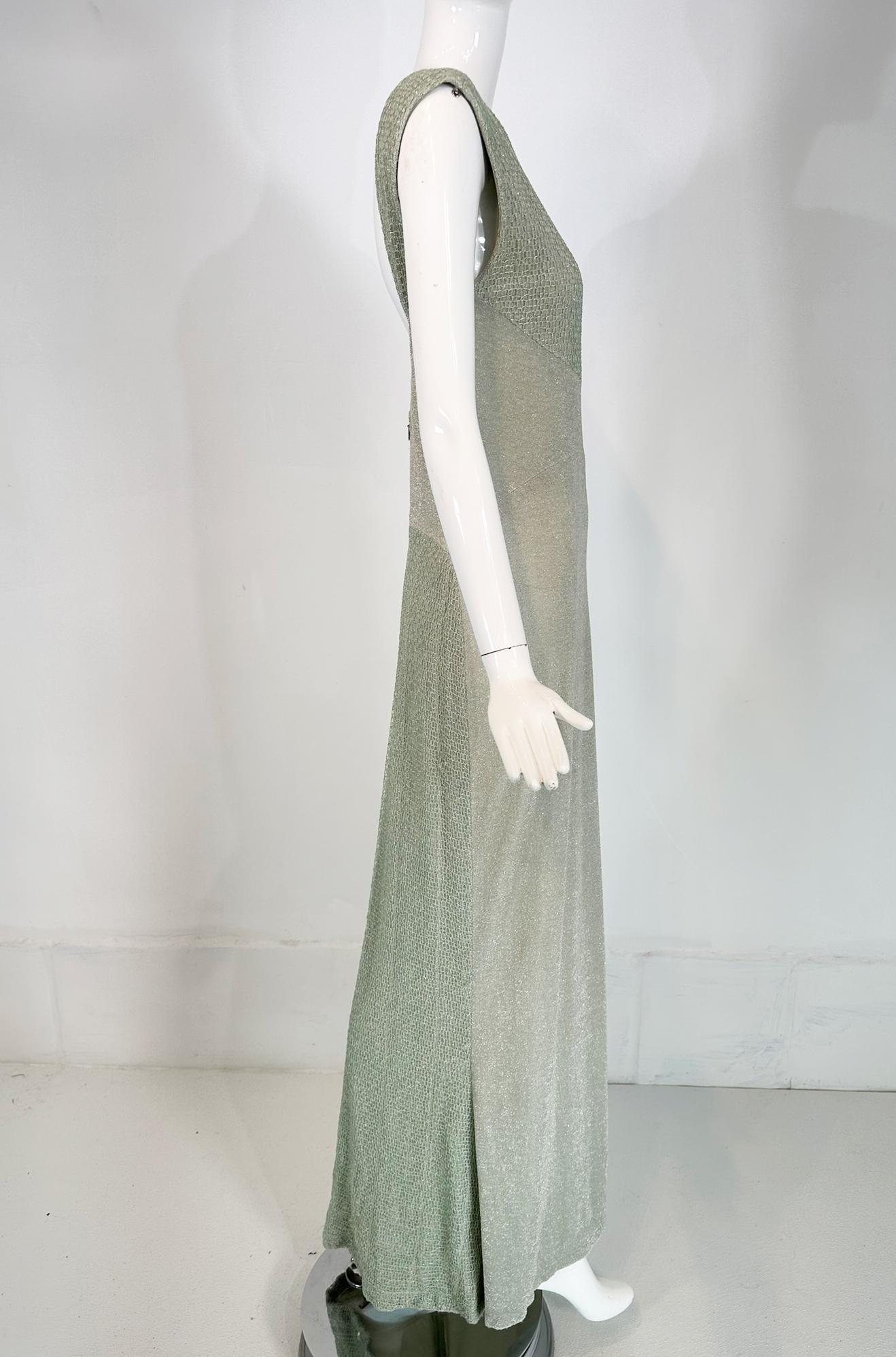 Chanel 2001C Pale Green Silver Metallic Gown with Fish Net Bodice & Hem 40 For Sale 6