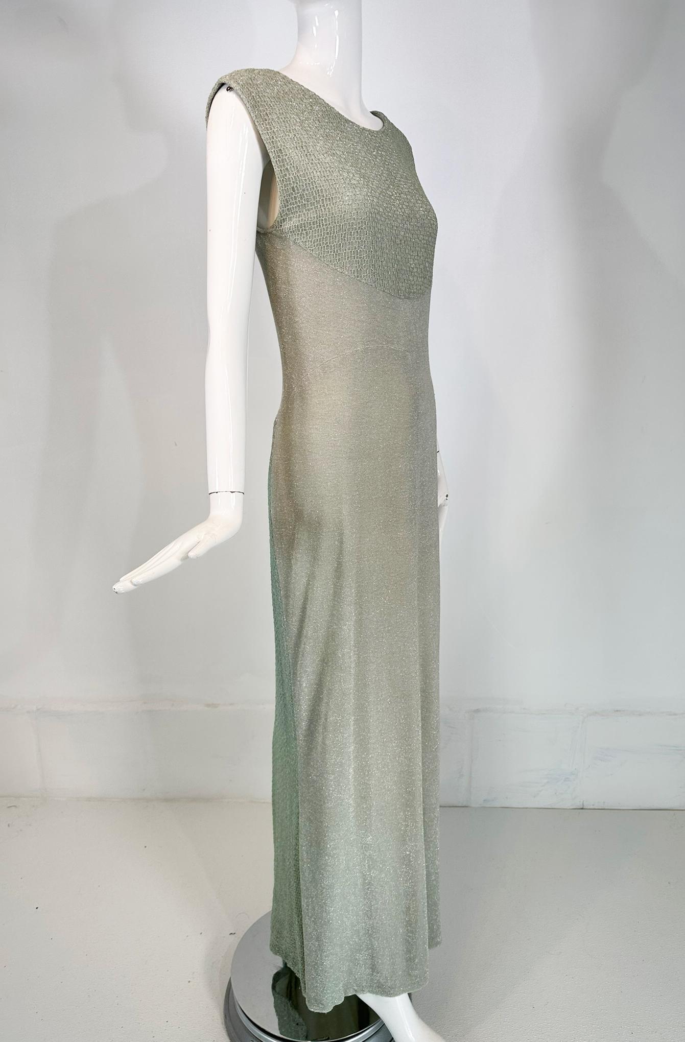 Chanel 2001C Pale Green Silver Metallic Gown with Fish Net Bodice & Hem 40 For Sale 7