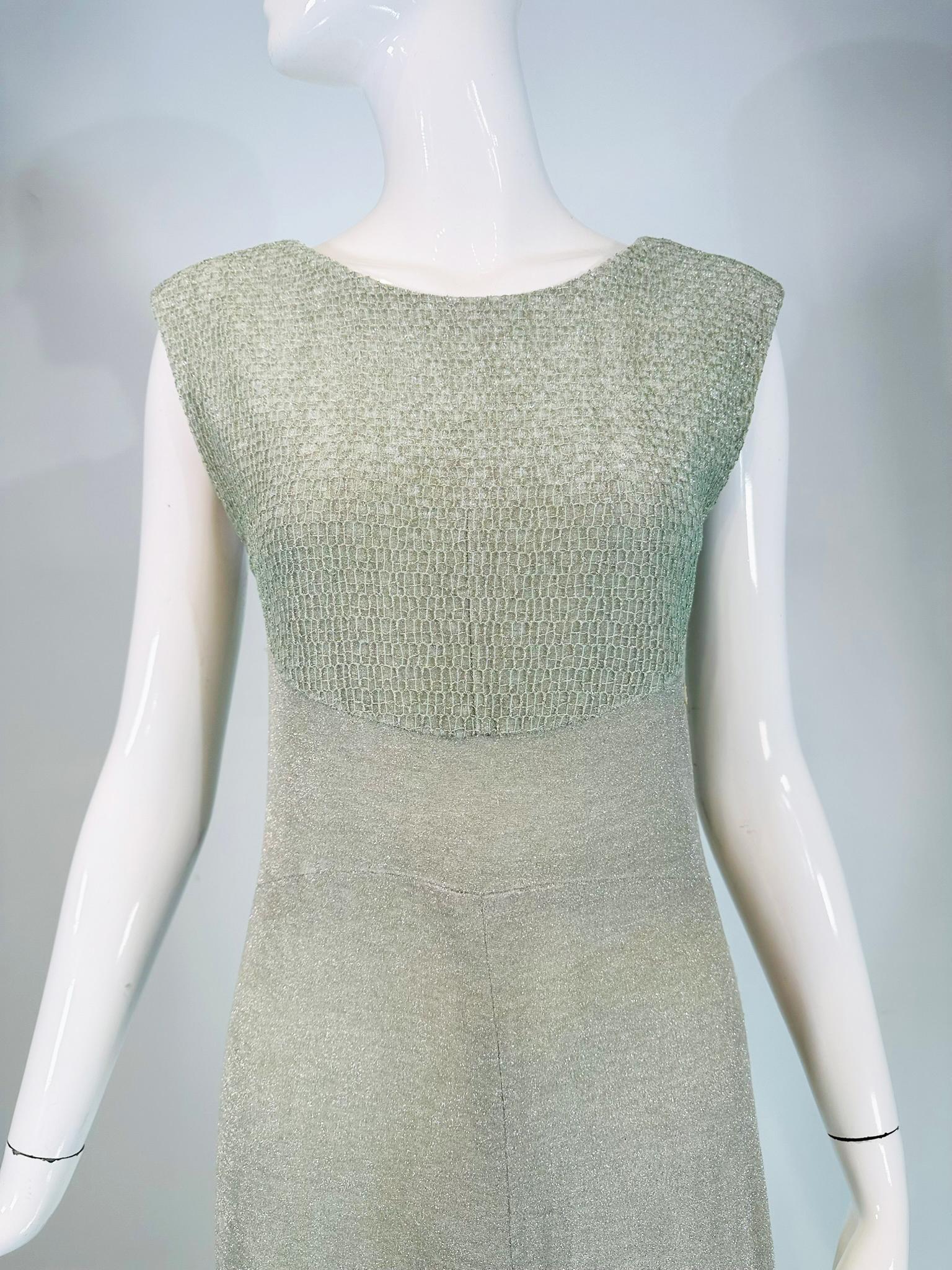 Chanel 2001C Pale Green Silver Metallic Gown with Fish Net Bodice & Hem 40 For Sale 8