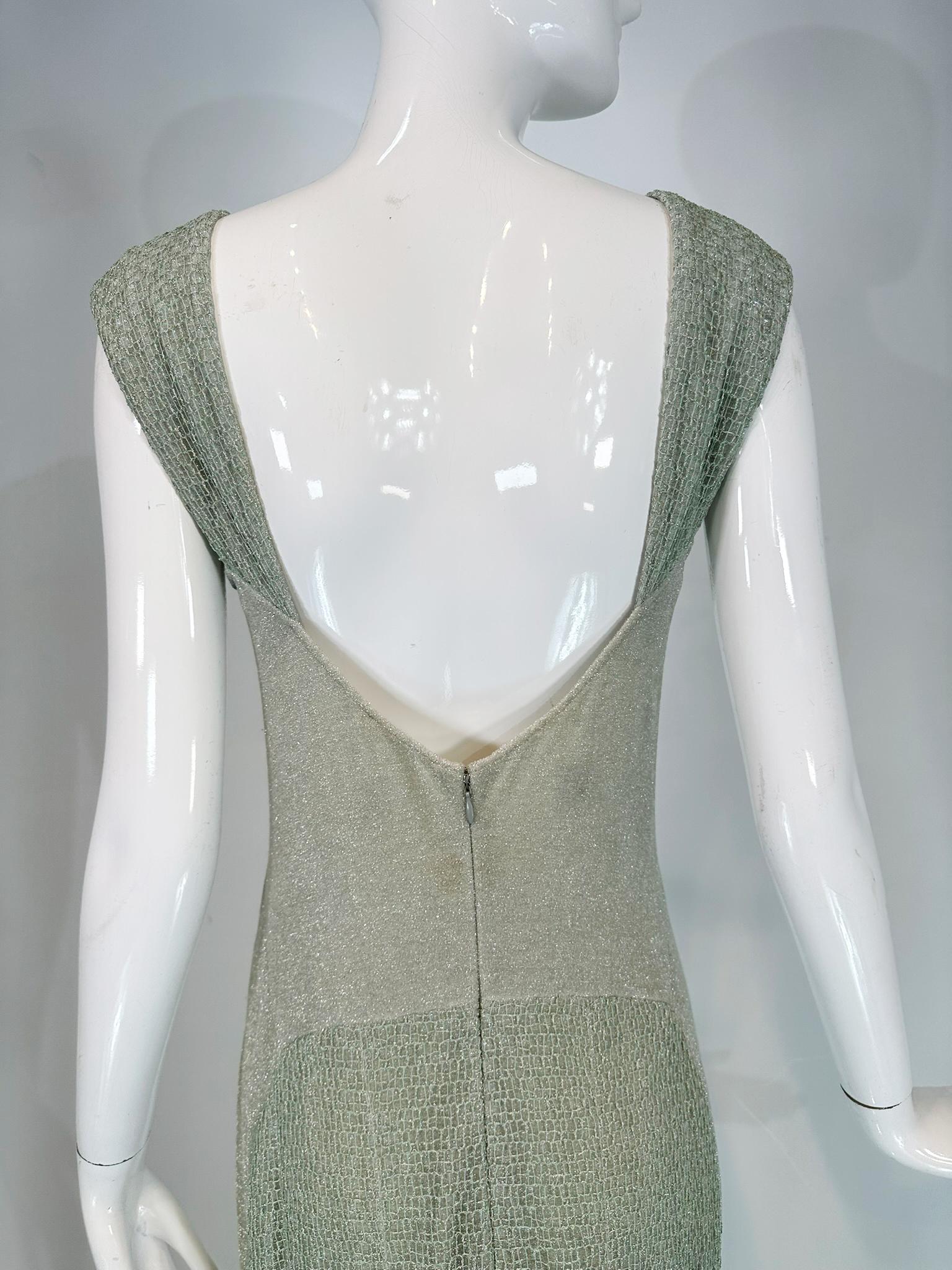 Chanel 2001C Pale Green Silver Metallic Gown with Fish Net Bodice & Hem 40 For Sale 10