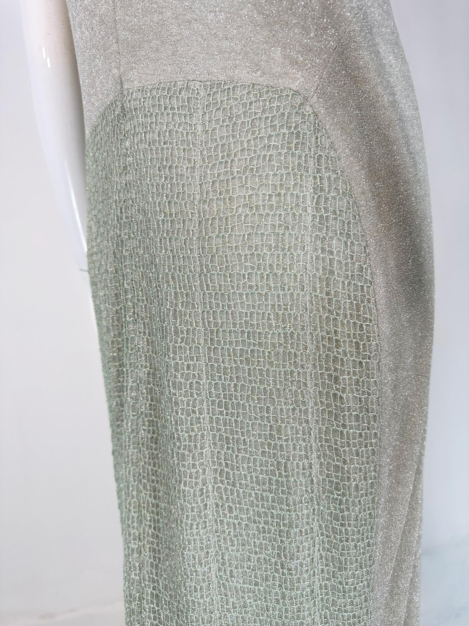 Chanel 2001C Pale Green Silver Metallic Gown with Fish Net Bodice & Hem 40 For Sale 12