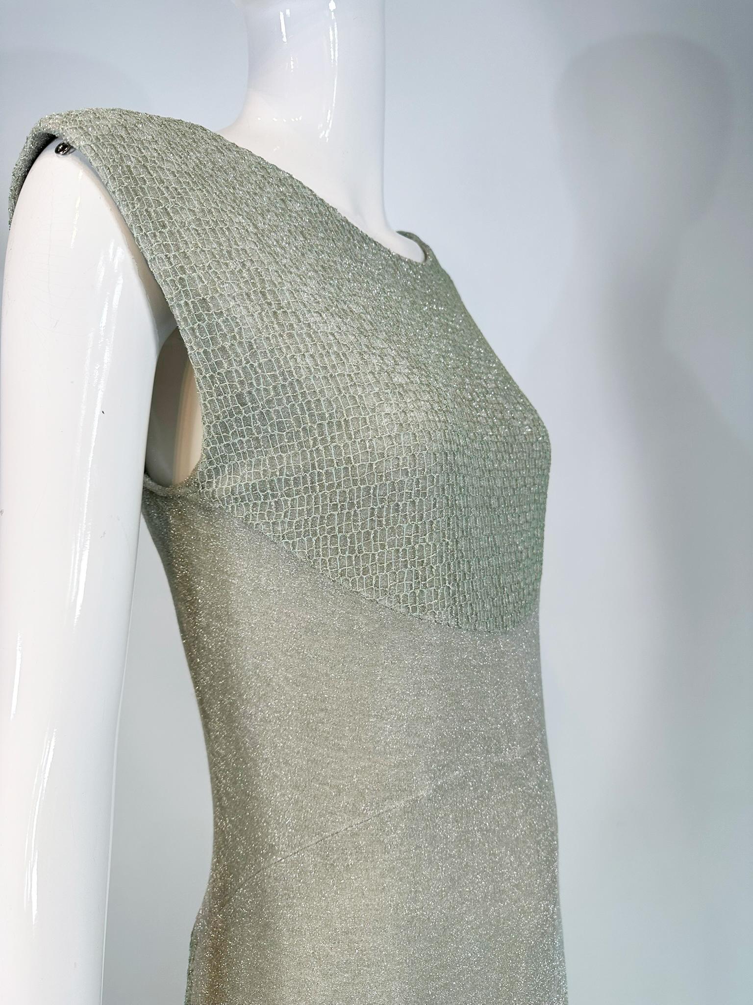 Chanel 2001C Pale Green Silver Metallic Gown with Fish Net Bodice & Hem 40 For Sale 13