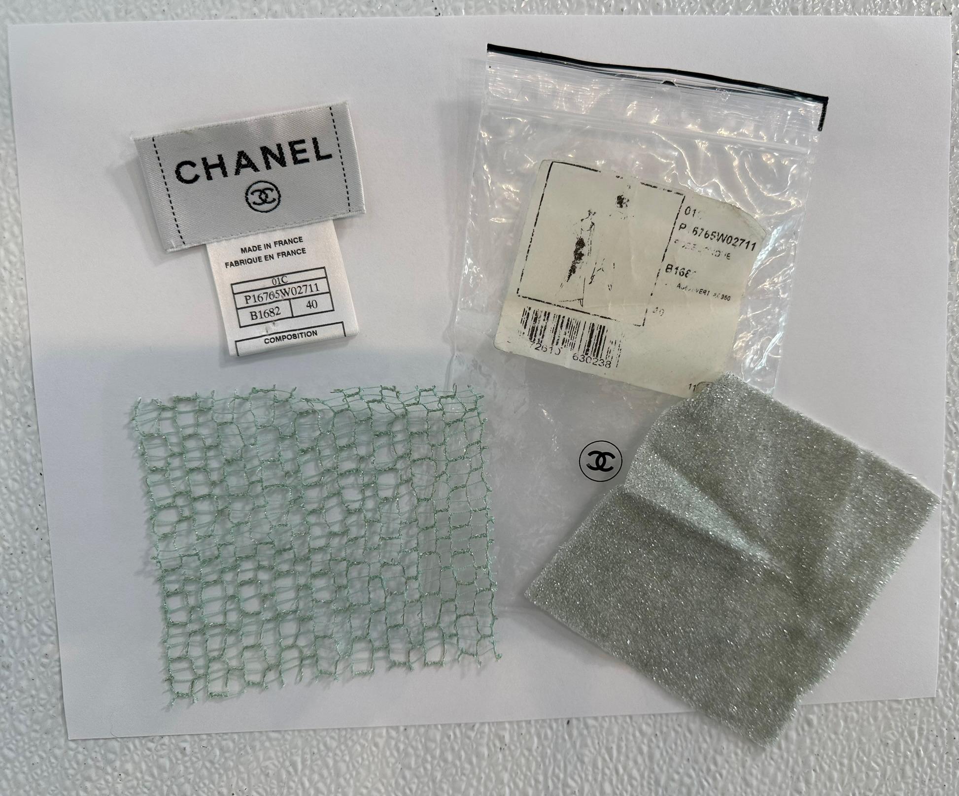 Chanel 2001C Pale Green Silver Metallic Gown with Fish Net Bodice & Hem 40 For Sale 14