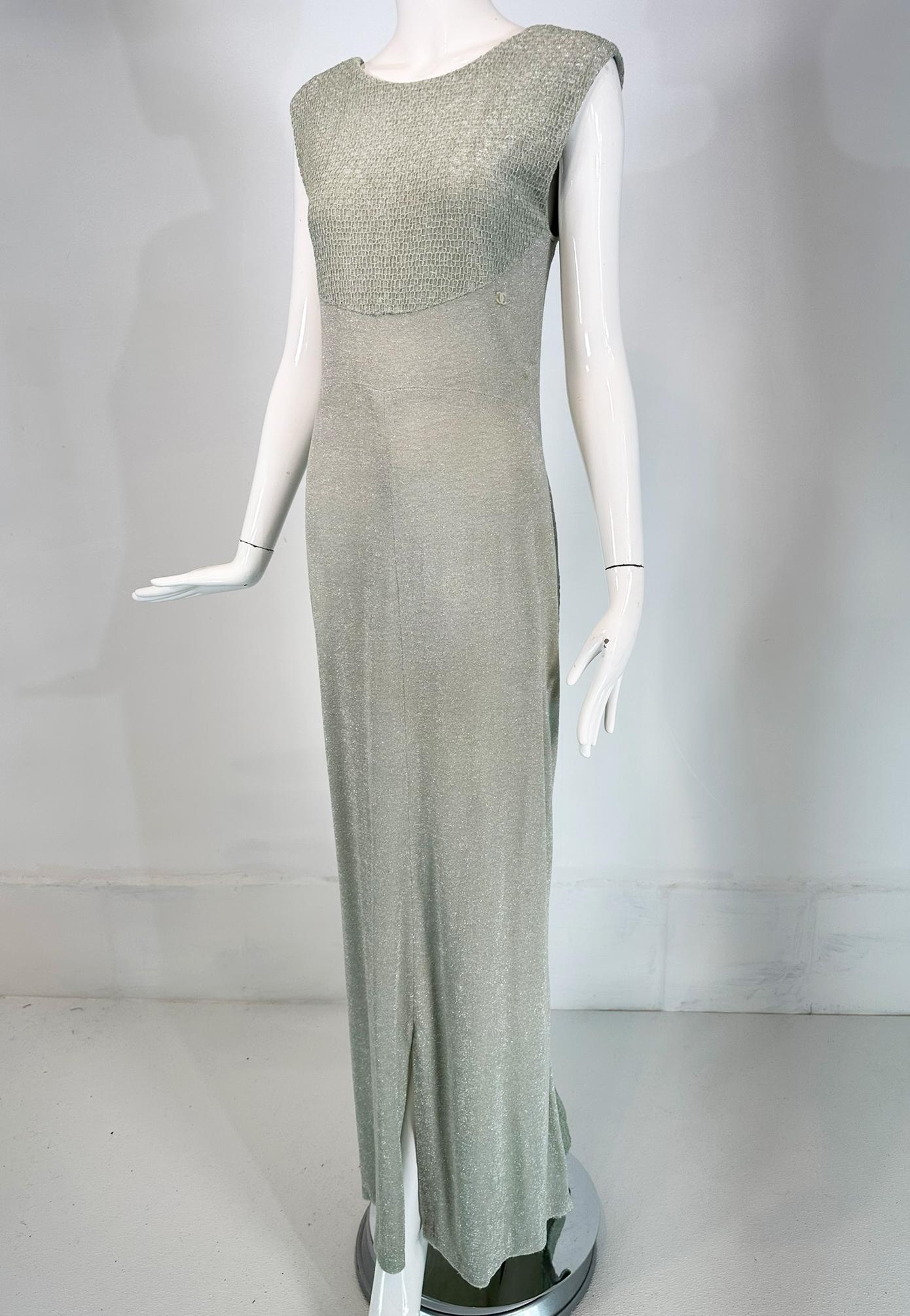 Chanel 2001C pale mint green silver metallic evening gown with low back & fish tail hem. Rayon blend fabric with stretch, a pale green silver metallic square grid fish net & a coordinating pale green silver metallic fabric with a raised velvety nap