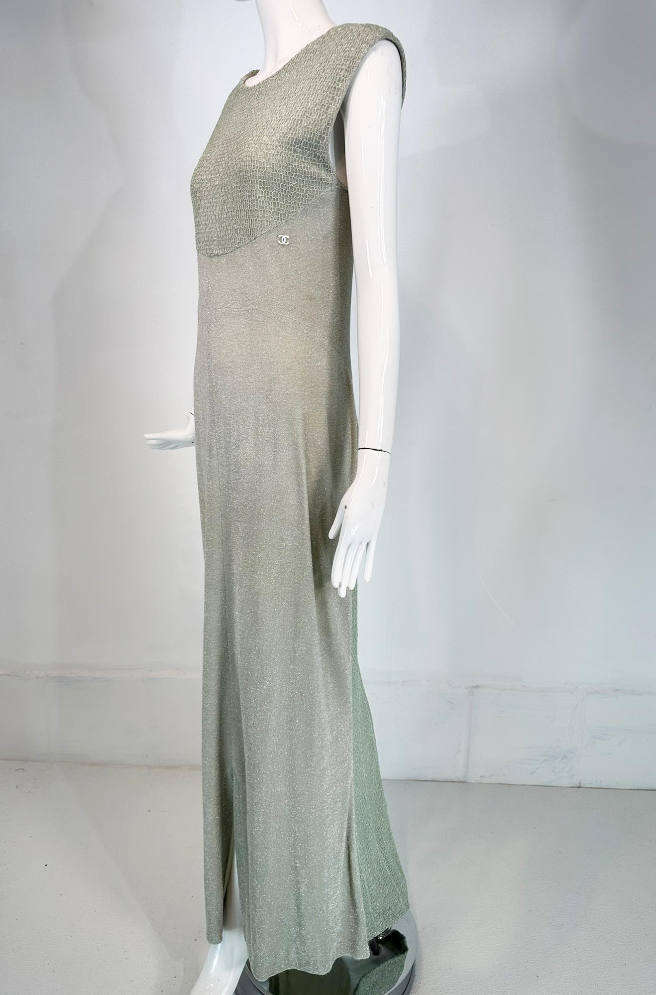 Gray Chanel 2001C Pale Green Silver Metallic Gown with Fish Net Bodice & Hem 40 For Sale