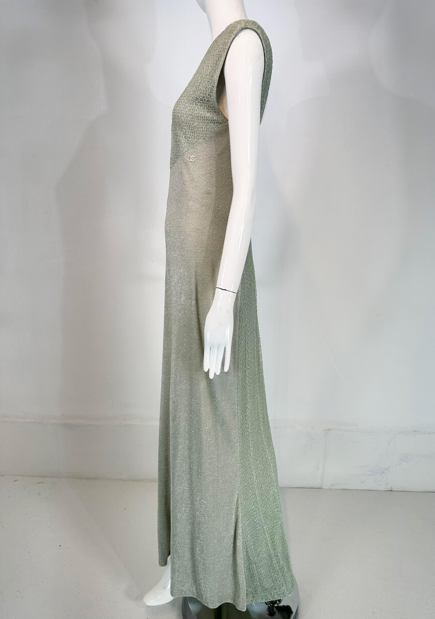 Chanel 2001C Pale Green Silver Metallic Gown with Fish Net Bodice & Hem 40 In Good Condition For Sale In West Palm Beach, FL