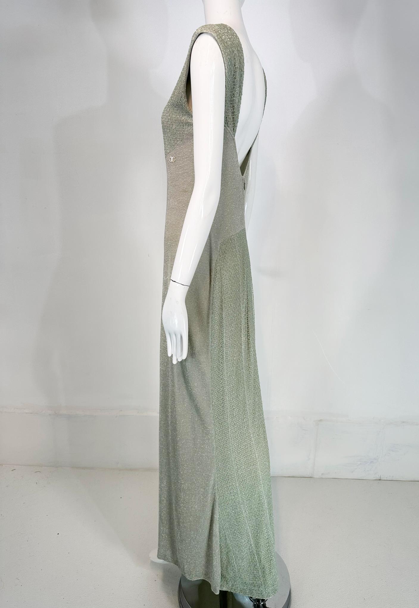 Women's Chanel 2001C Pale Green Silver Metallic Gown with Fish Net Bodice & Hem 40 For Sale