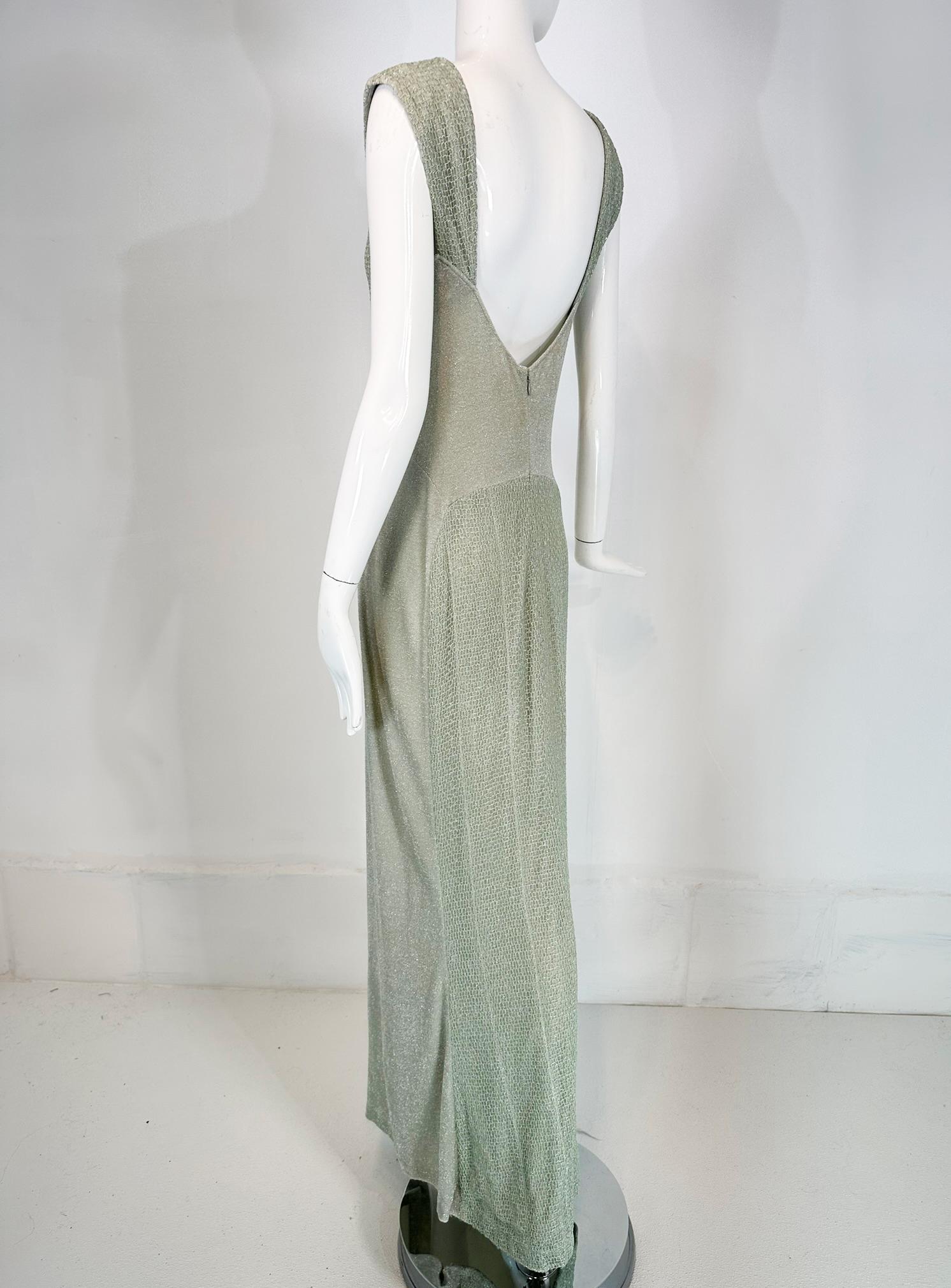 Chanel 2001C Pale Green Silver Metallic Gown with Fish Net Bodice & Hem 40 For Sale 1