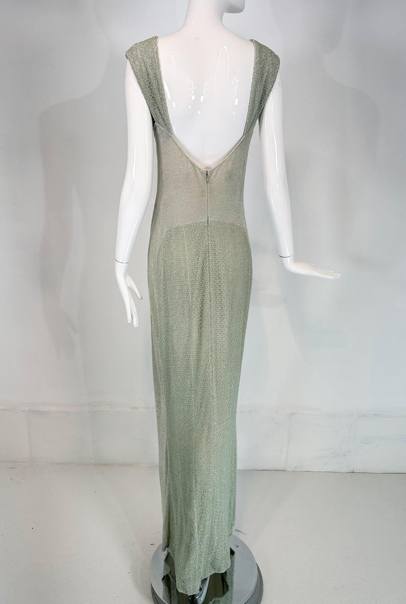 Chanel 2001C Pale Green Silver Metallic Gown with Fish Net Bodice & Hem 40 For Sale 2