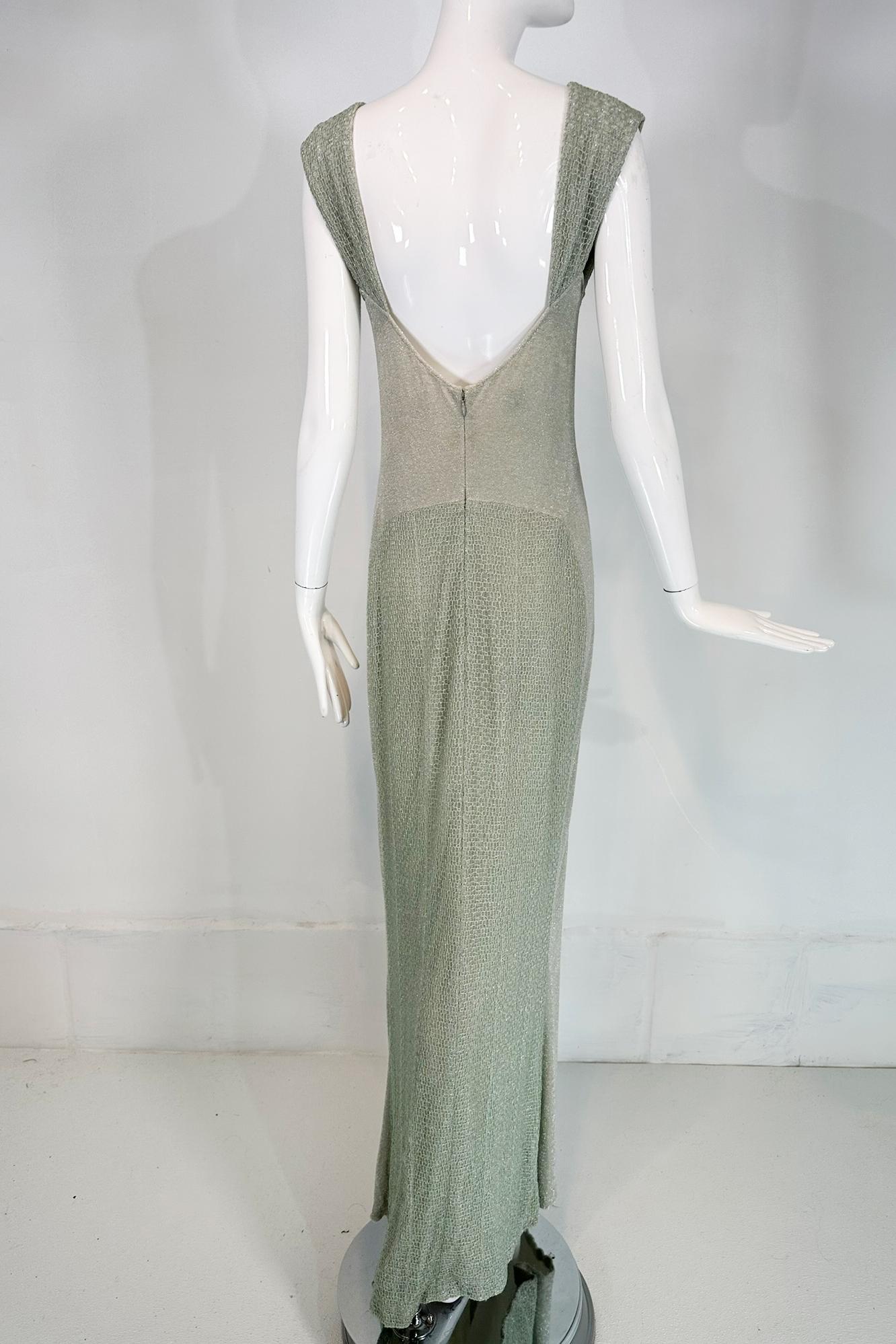 Chanel 2001C Pale Green Silver Metallic Gown with Fish Net Bodice & Hem 40 For Sale 3