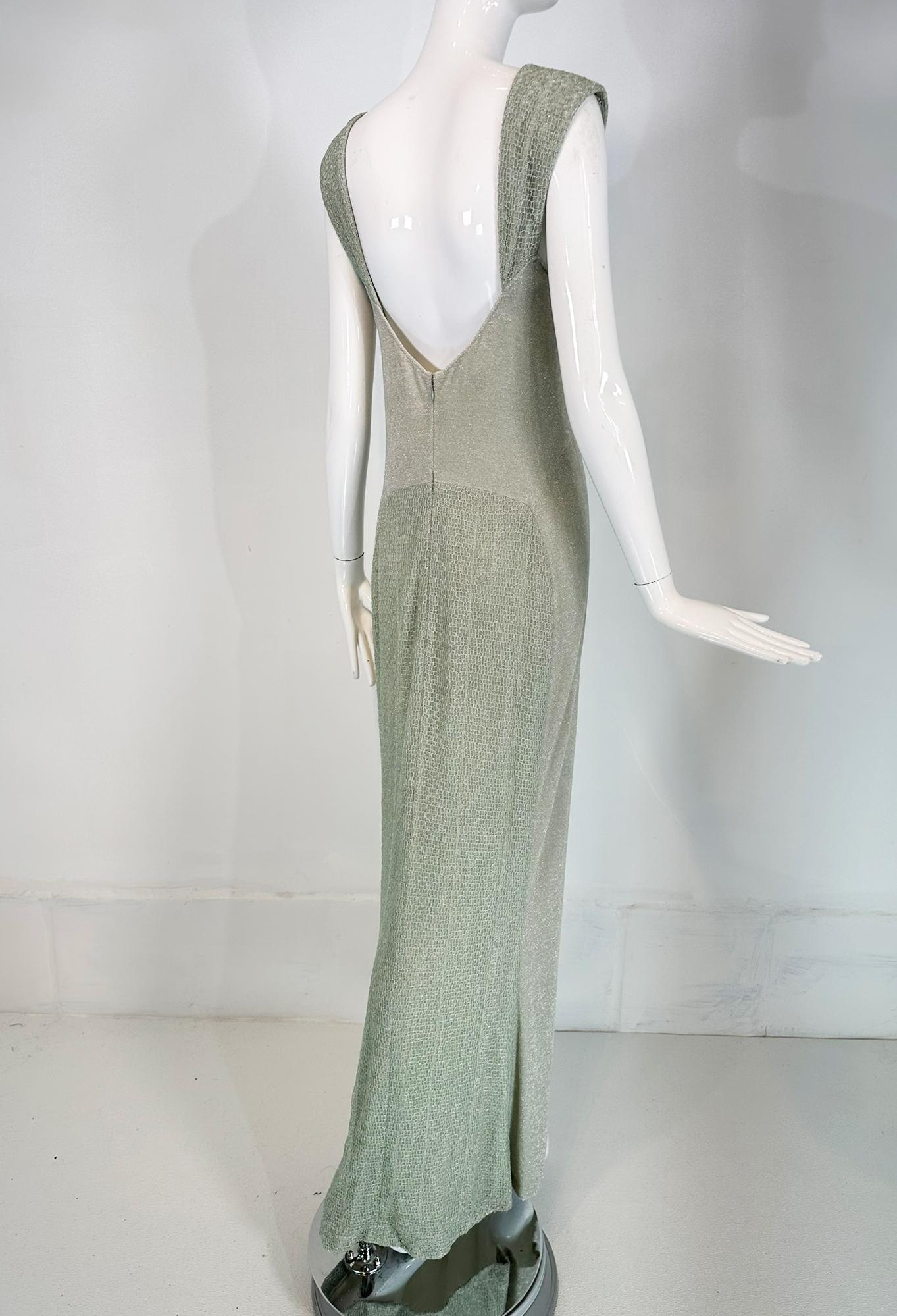 Chanel 2001C Pale Green Silver Metallic Gown with Fish Net Bodice & Hem 40 For Sale 4