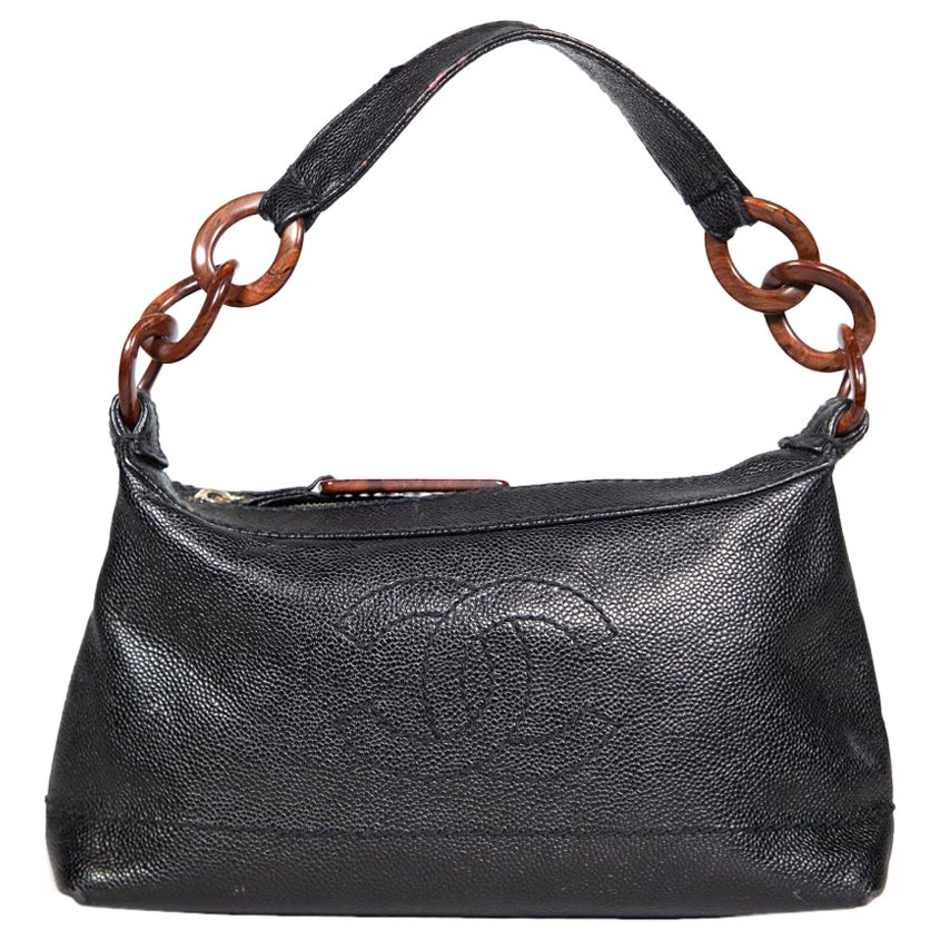 Chanel 2002-03 Black Leather CC Wood Chain Bag