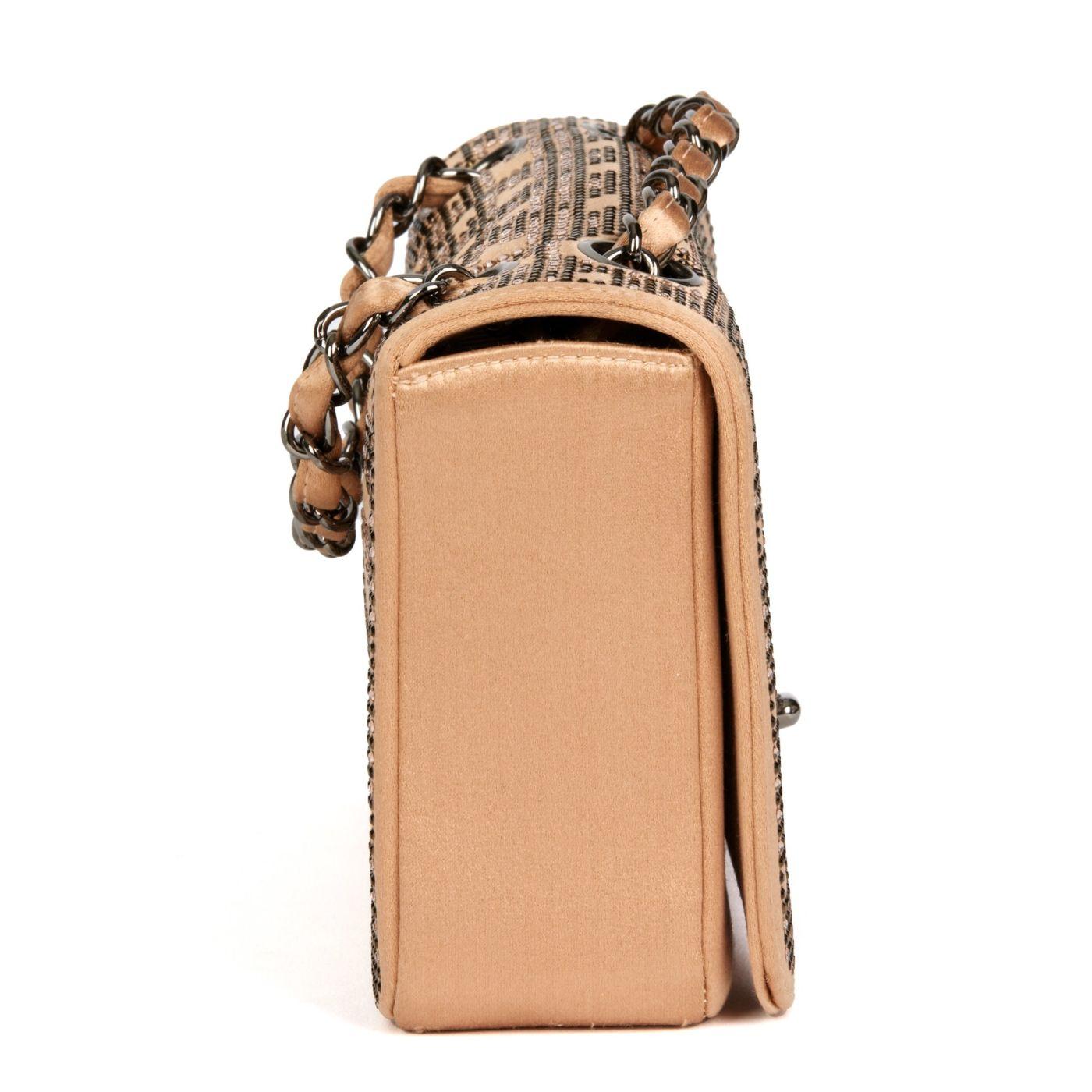 Chanel 2002 Beige Silk Rhinestone Ruthenium Swarovski Strass Classic Flap Bag For Sale 3