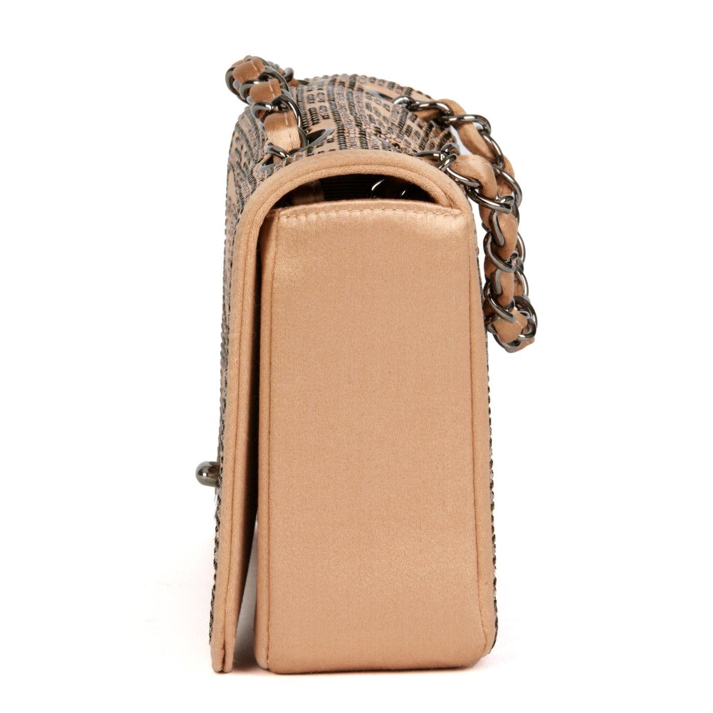 Chanel 2002 Beige Silk Rhinestone Ruthenium Swarovski Strass Classic Flap Bag For Sale 4