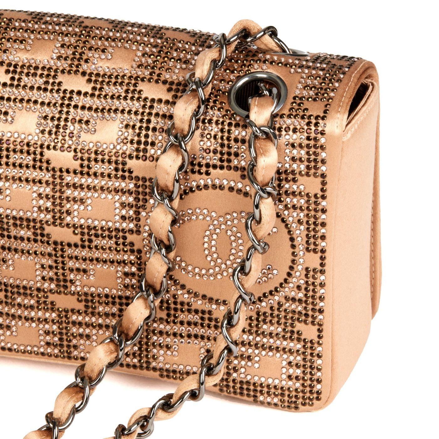 Chanel 2002 Beige Silk Rhinestone Ruthenium Swarovski Strass Classic Flap Bag For Sale 5