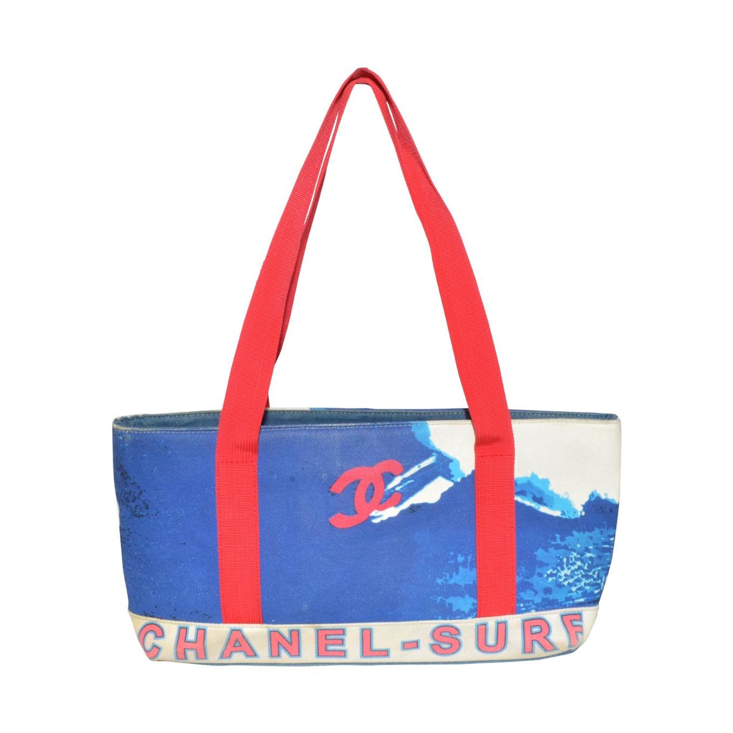 Chanel 2.55 Flap Blue x Red Canvas Surf Beach Shoulder Bag ($2,080) ❤ liked  on Polyvore featuring bags, handbag…