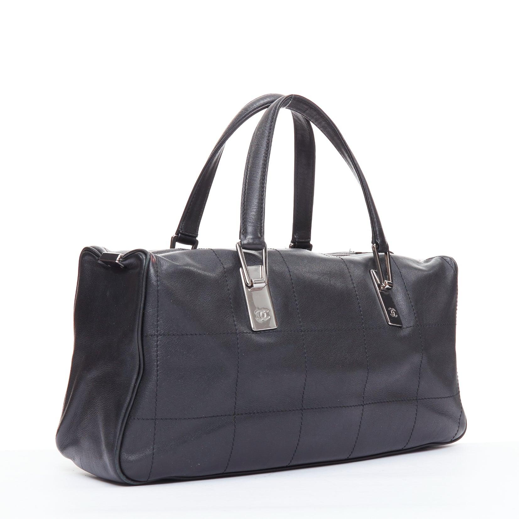 Gray CHANEL 2002 Chocolate Bar black silver logo topstitch boston bag