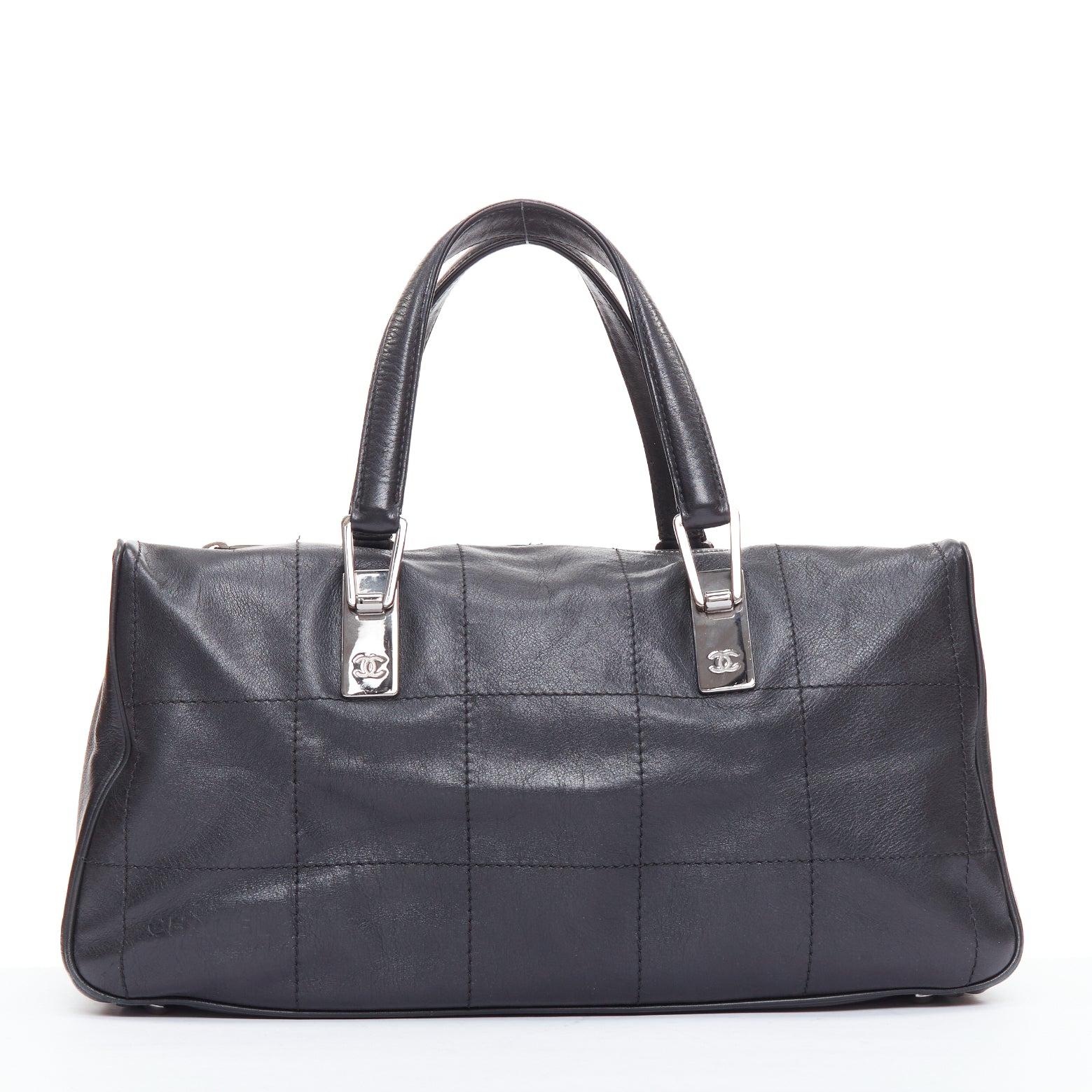Women's CHANEL 2002 Chocolate Bar black silver logo topstitch boston bag