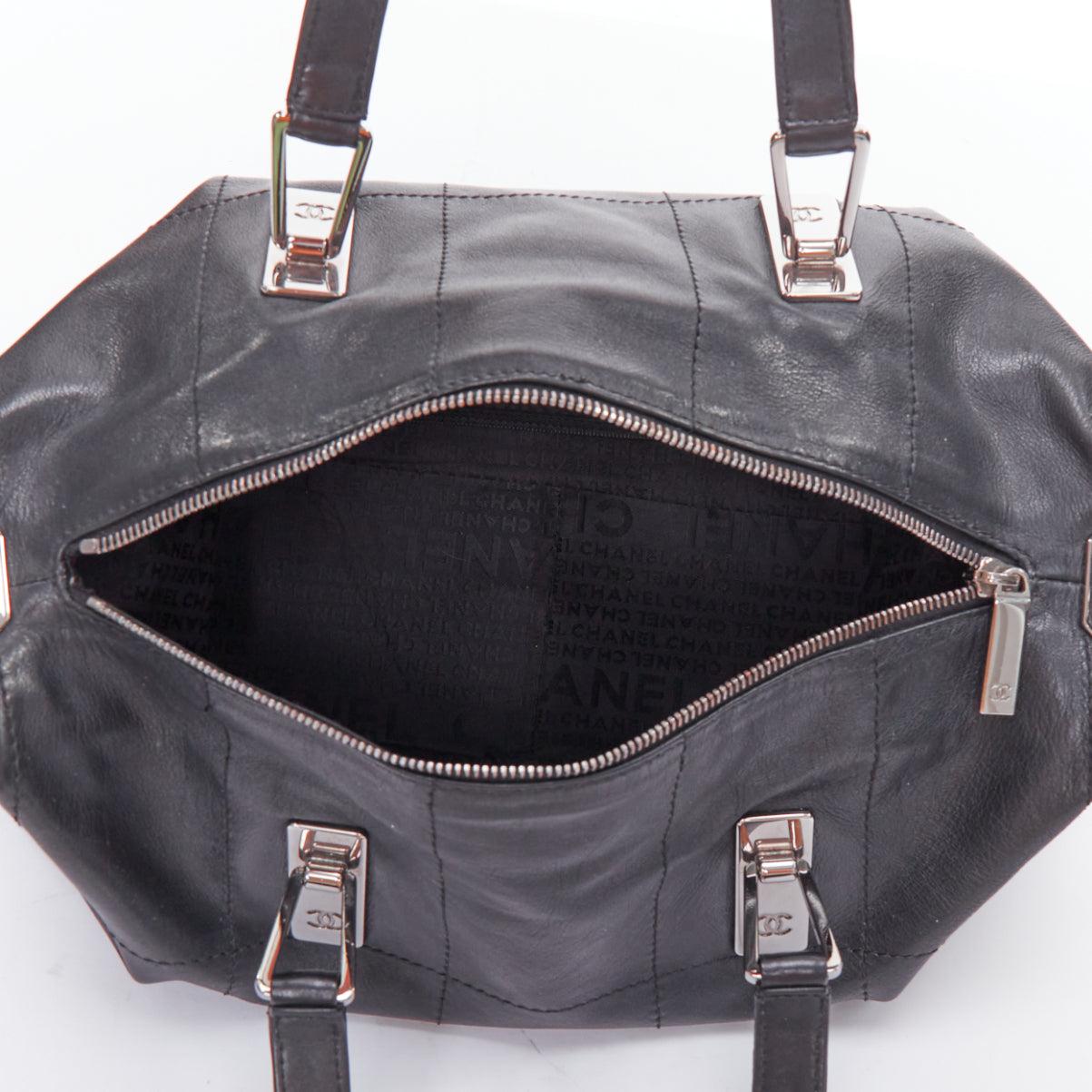 CHANEL 2002 Chocolate Bar black silver logo topstitch boston bag 4