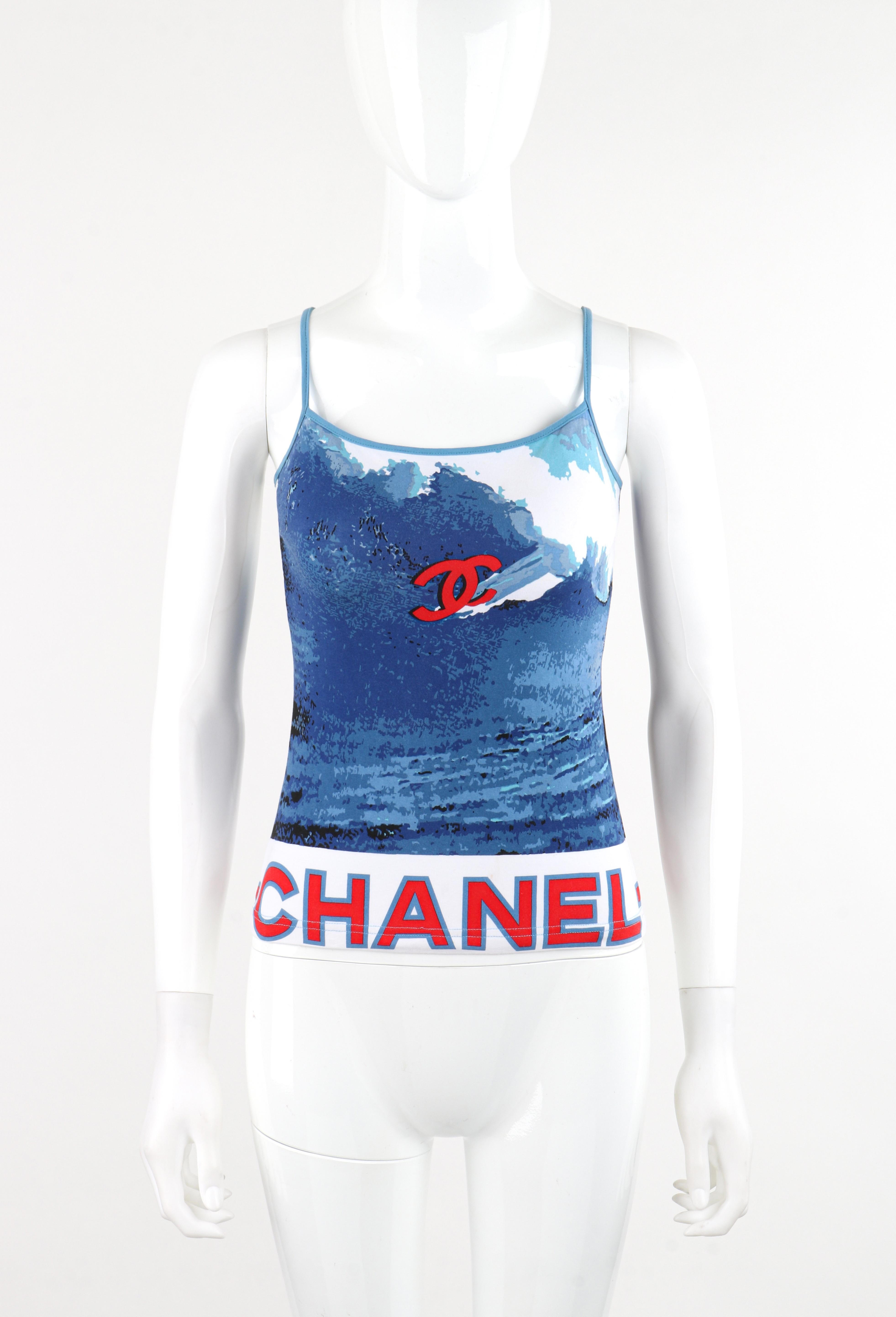 CHANEL 2002 Red White Blue CC Surf Wave Screen Print Stretch Elastic Spaghetti Strap Tank Top

Brand / Manufacturer: Chanel
Collection: The Surf Line 2002
Label(s): Numbered - 02S / P19521V01125 / B2008
Designer: Karl Lagerfeld
Style: Spaghetti