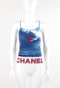 CHANEL 2002 Red White Blue CC Surf Wave Print Stretch Elastic Strap Tank Top