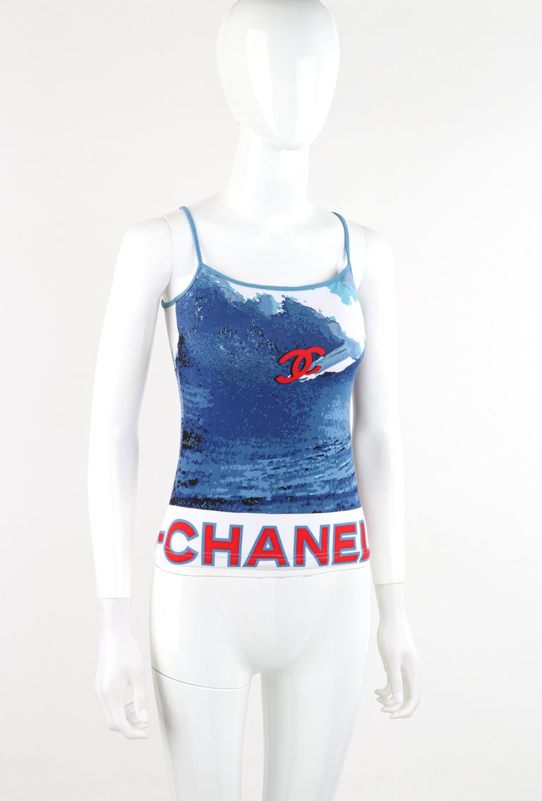 CHANEL Surf Vintage 02S CC Big Logo Tank Top 36 Blue Cotton 