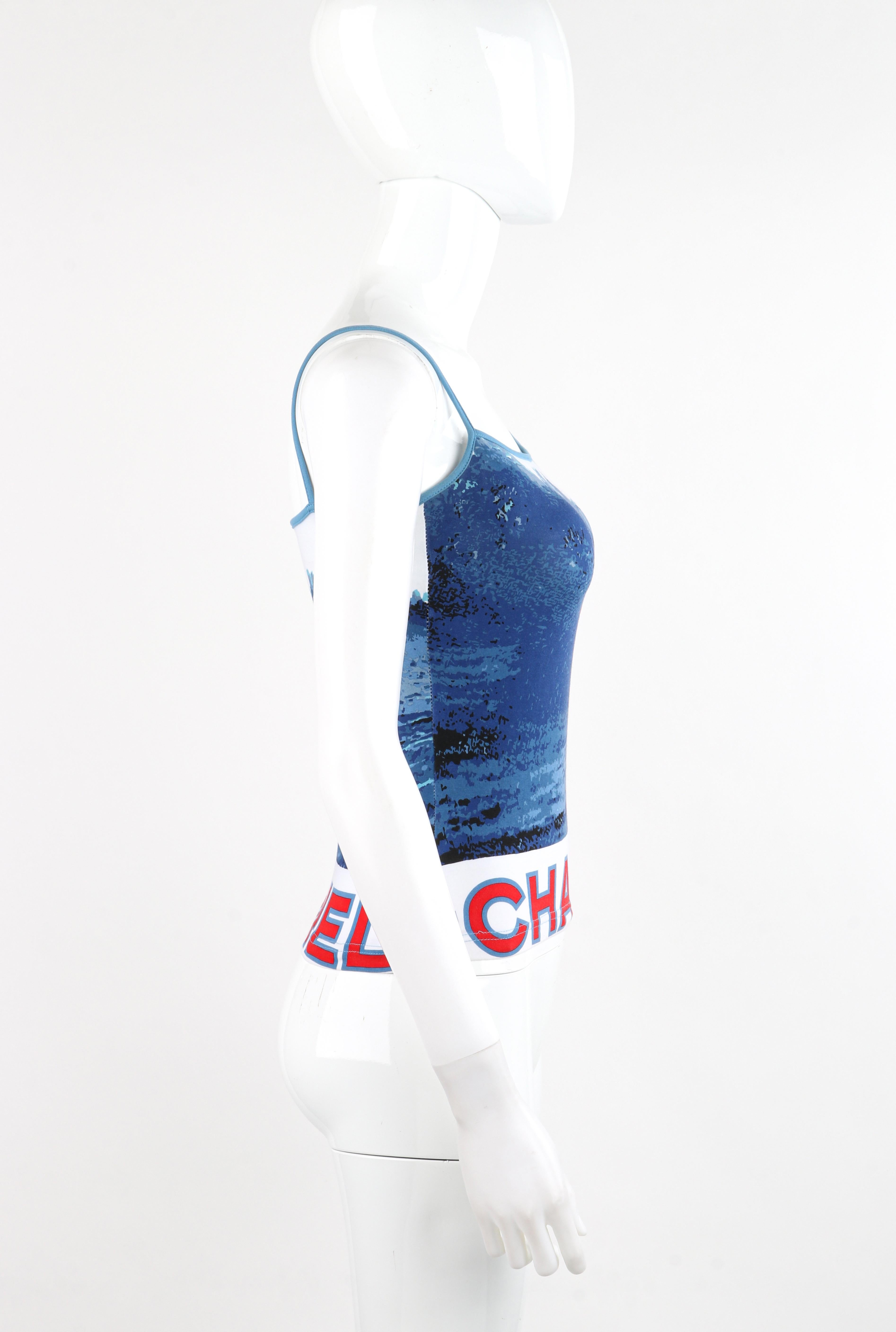 CHANEL 2002 Red White Blue CC Surf Wave Print Stretch Elastic Strap Tank Top In Good Condition For Sale In Thiensville, WI