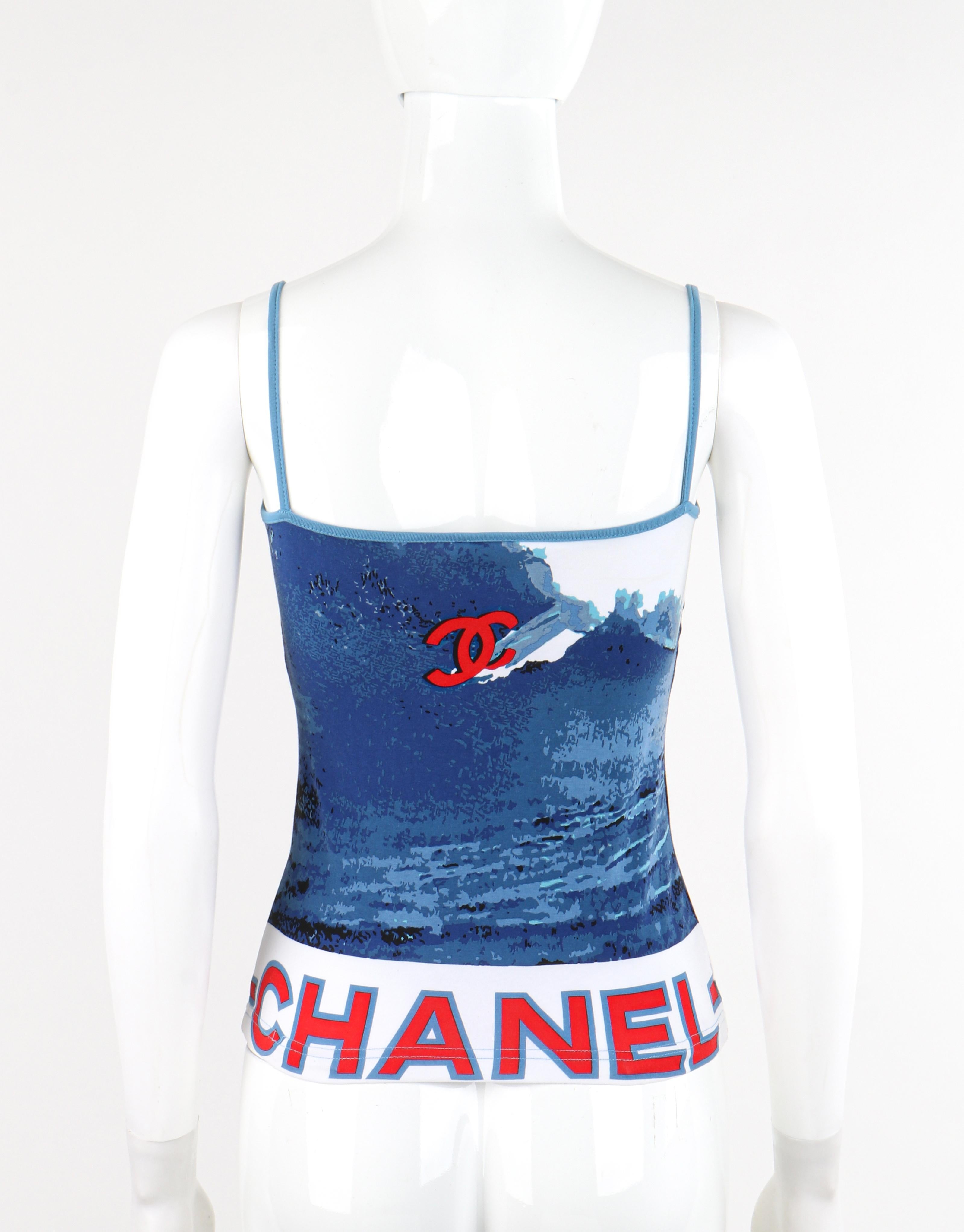 Women's CHANEL 2002 Red White Blue CC Surf Wave Print Stretch Elastic Strap Tank Top For Sale