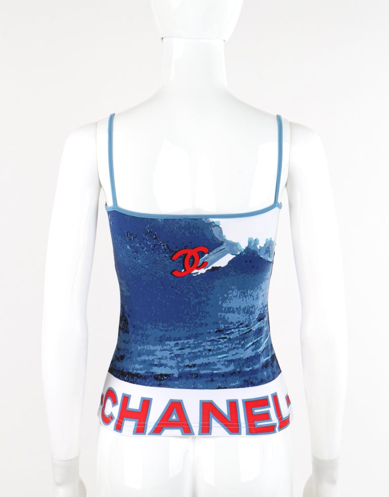 CHANEL 2002 Red White Blue CC Surf Wave Print Stretch Elastic