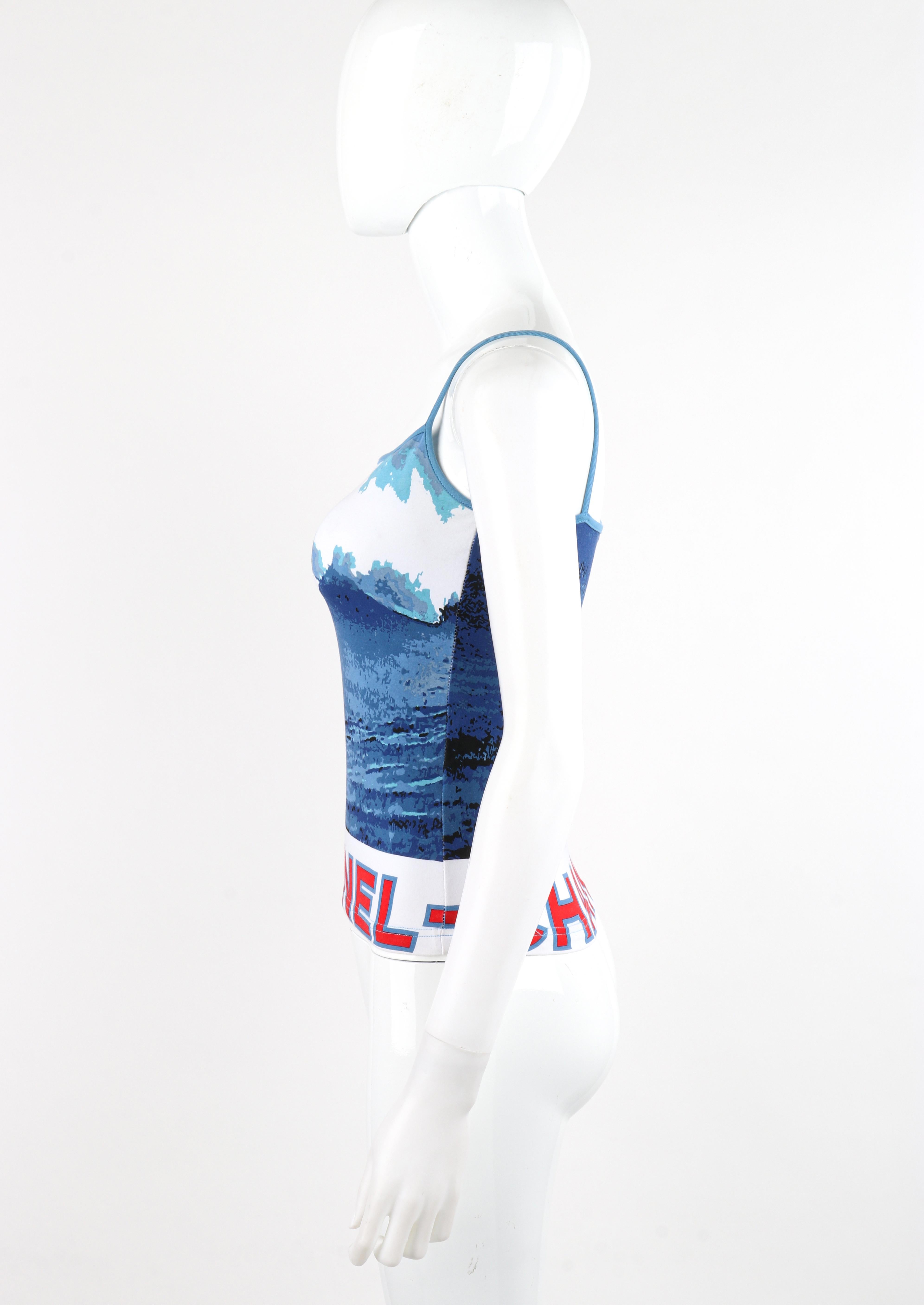 CHANEL 2002 Red White Blue CC Surf Wave Print Stretch Elastic Strap Tank Top For Sale 1
