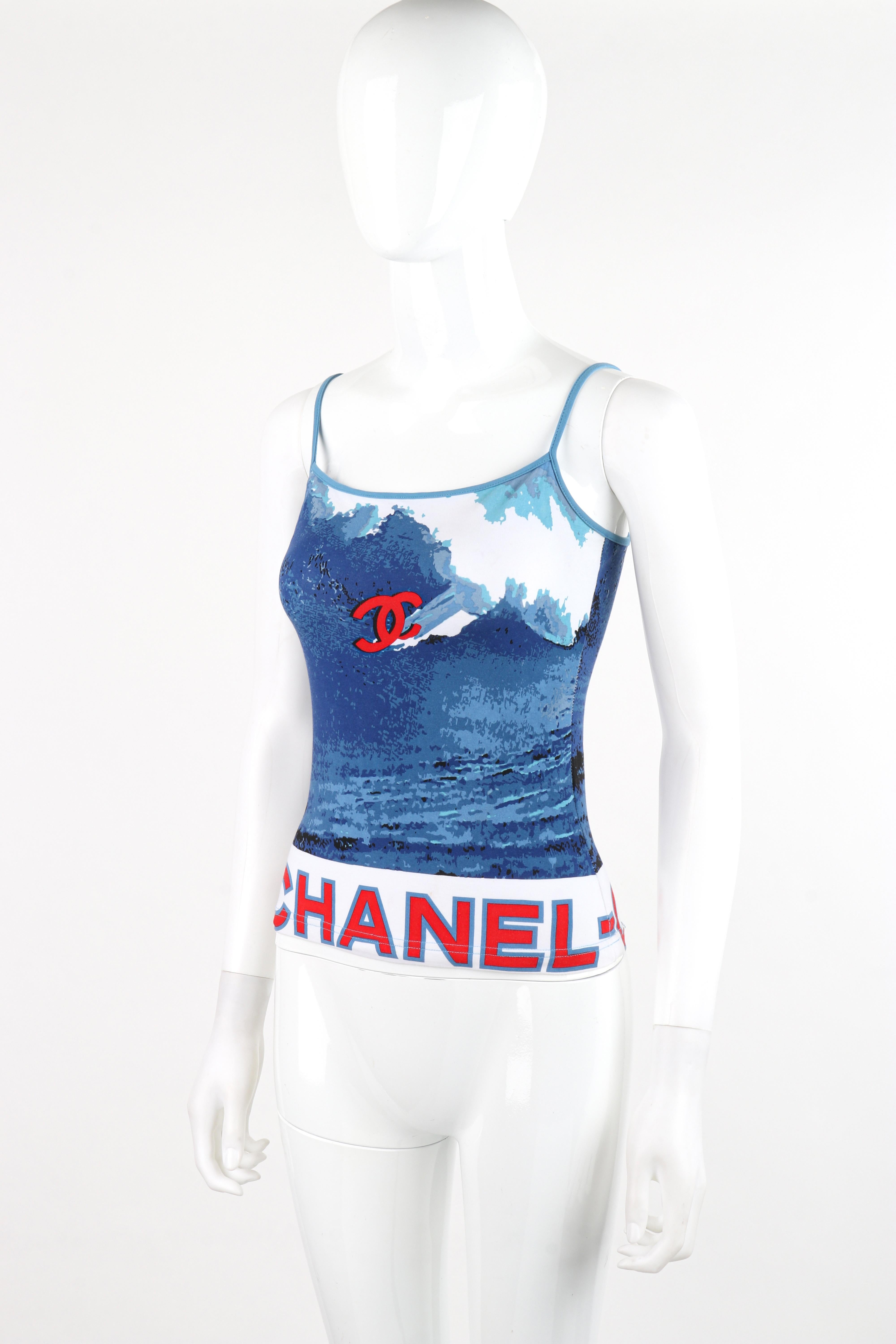 CHANEL 2002 Red White Blue CC Surf Wave Print Stretch Elastic Strap Tank Top For Sale 2